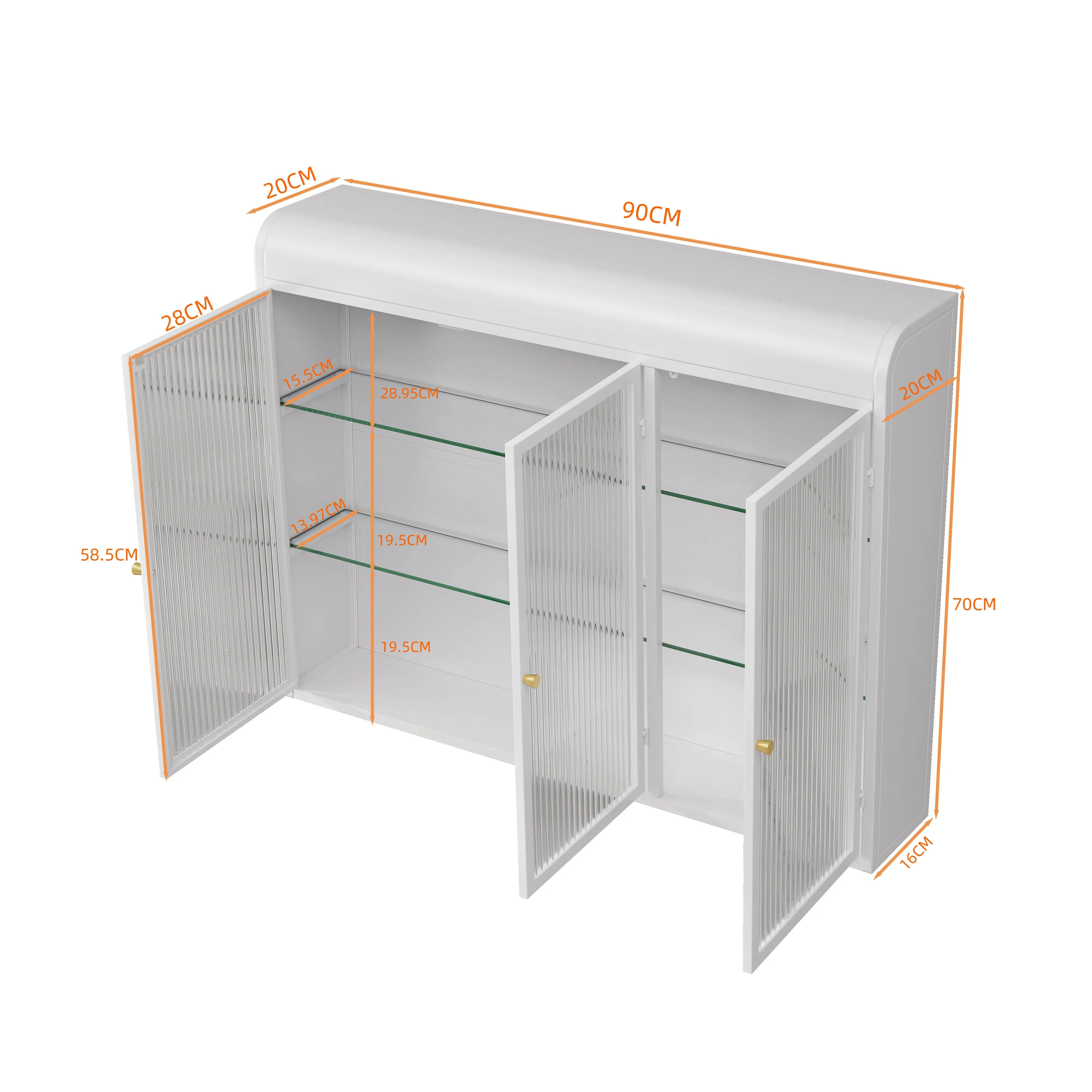 3 Door Arched Wall Mounted Cabinets for Kitchen, Living Room, Bathroom, White Glass - Image 8