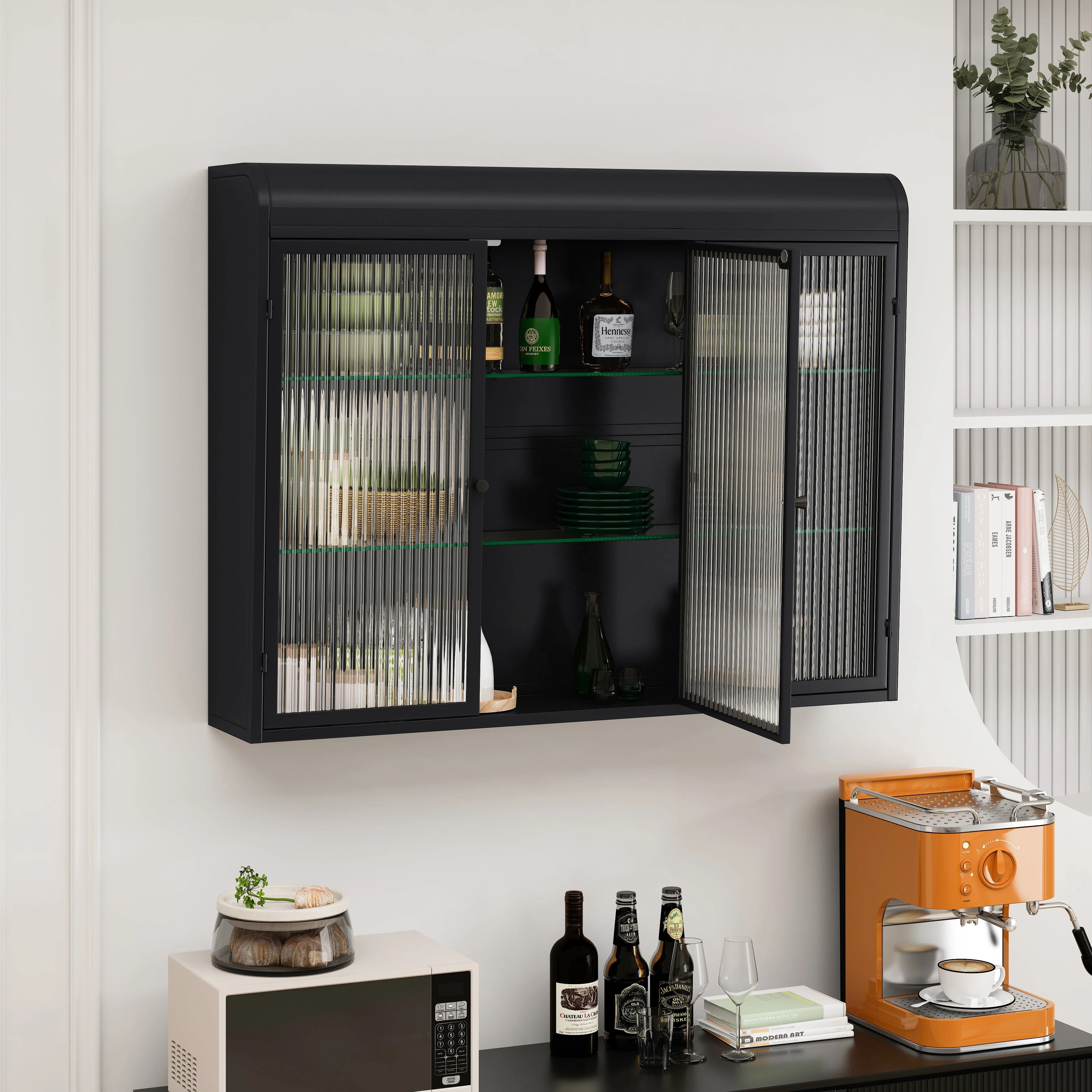 3 Door Arched Wall Mounted Glass Cabinets, Black - Image 3