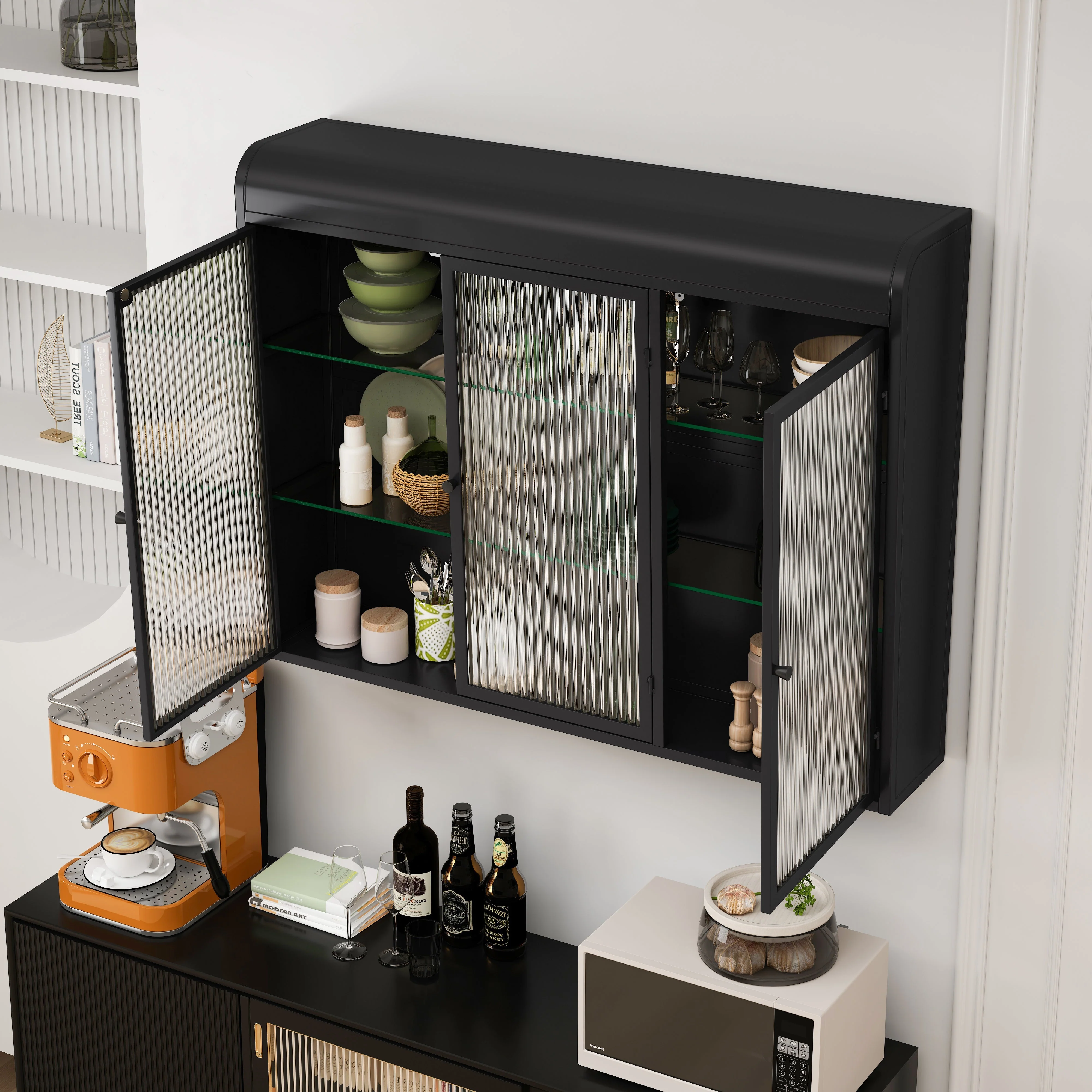 3 Door Arched Wall Mounted Glass Cabinets, Black - Image 4