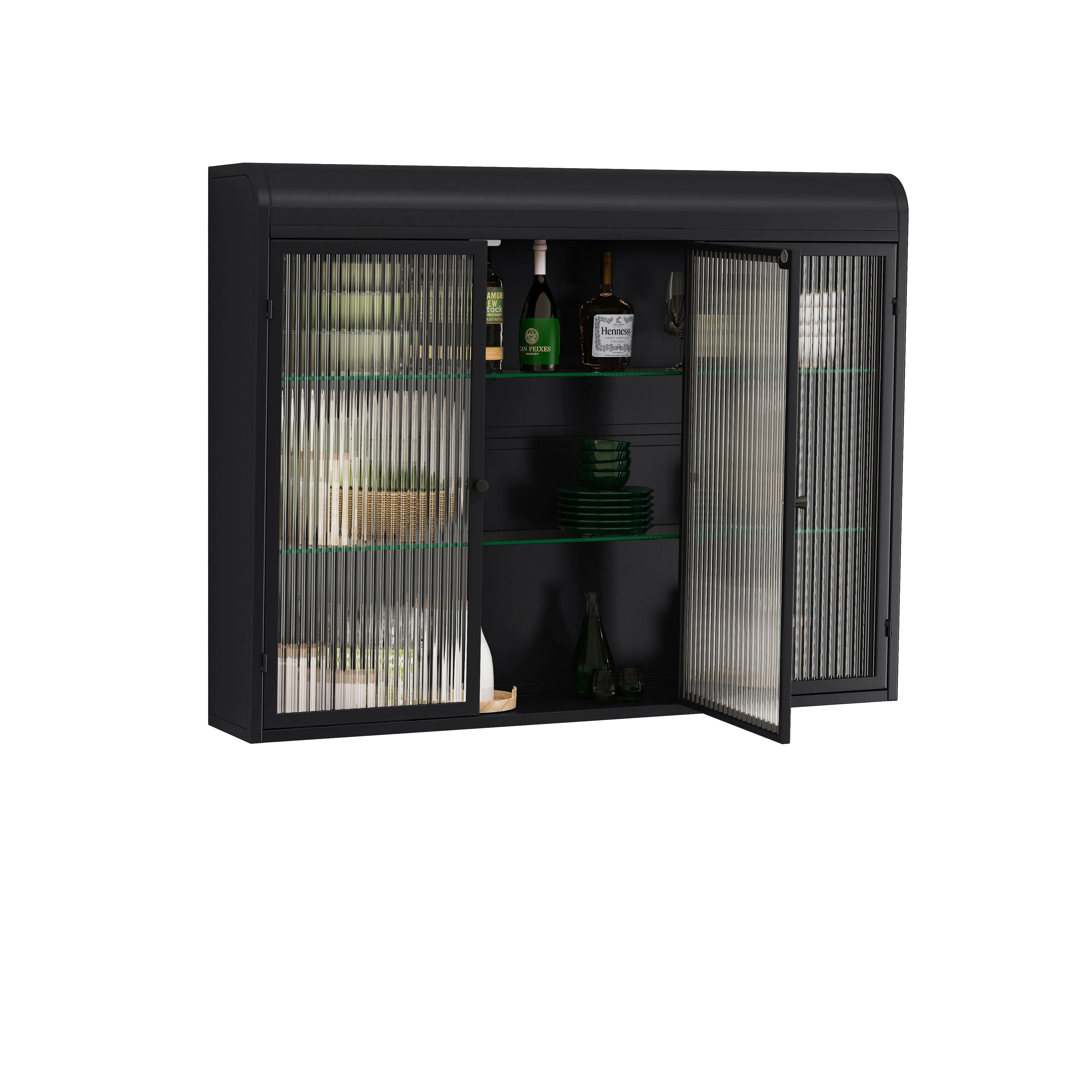 3 Door Arched Wall Mounted Glass Cabinets, Black - Image 7