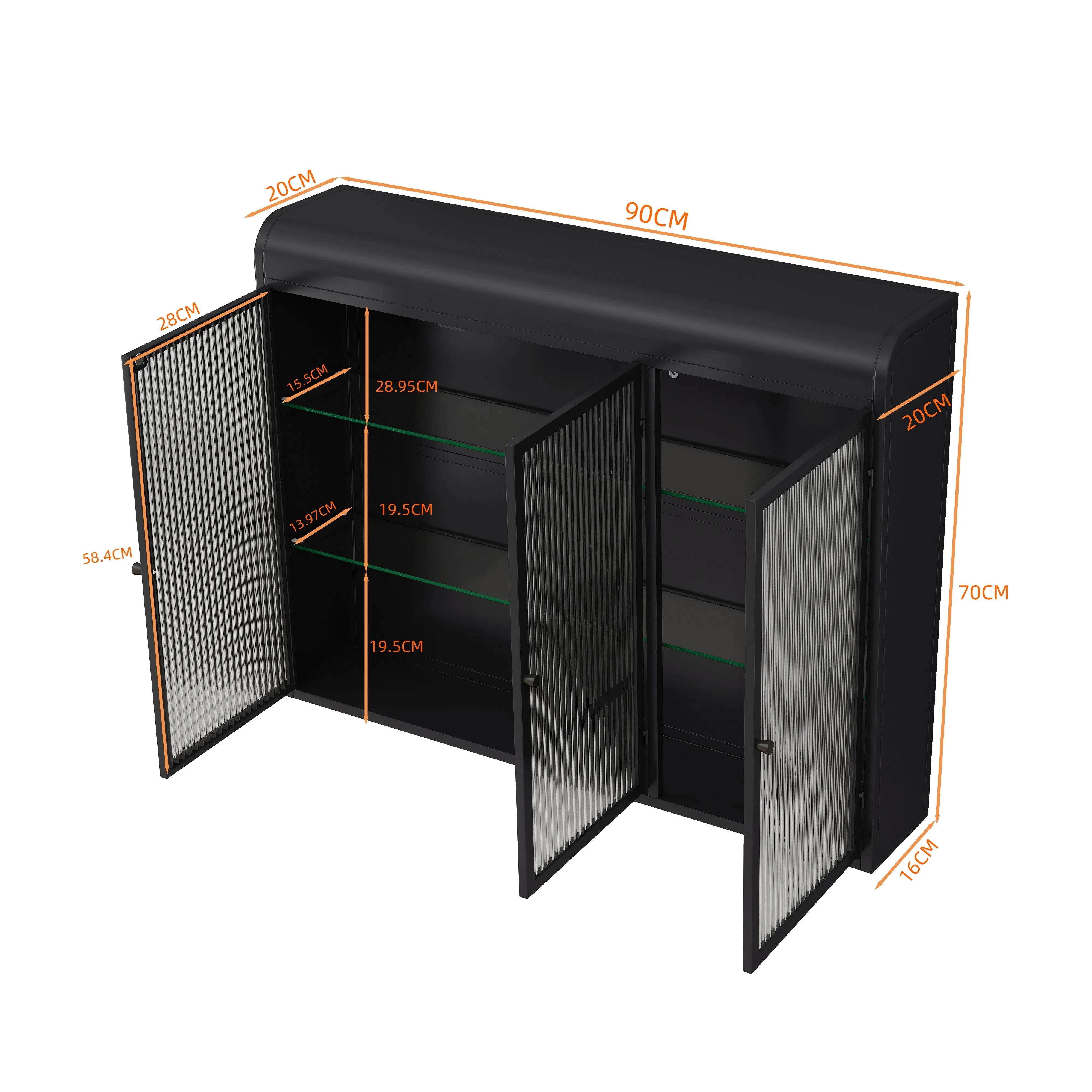 3 Door Arched Wall Mounted Glass Cabinets, Black - Image 8
