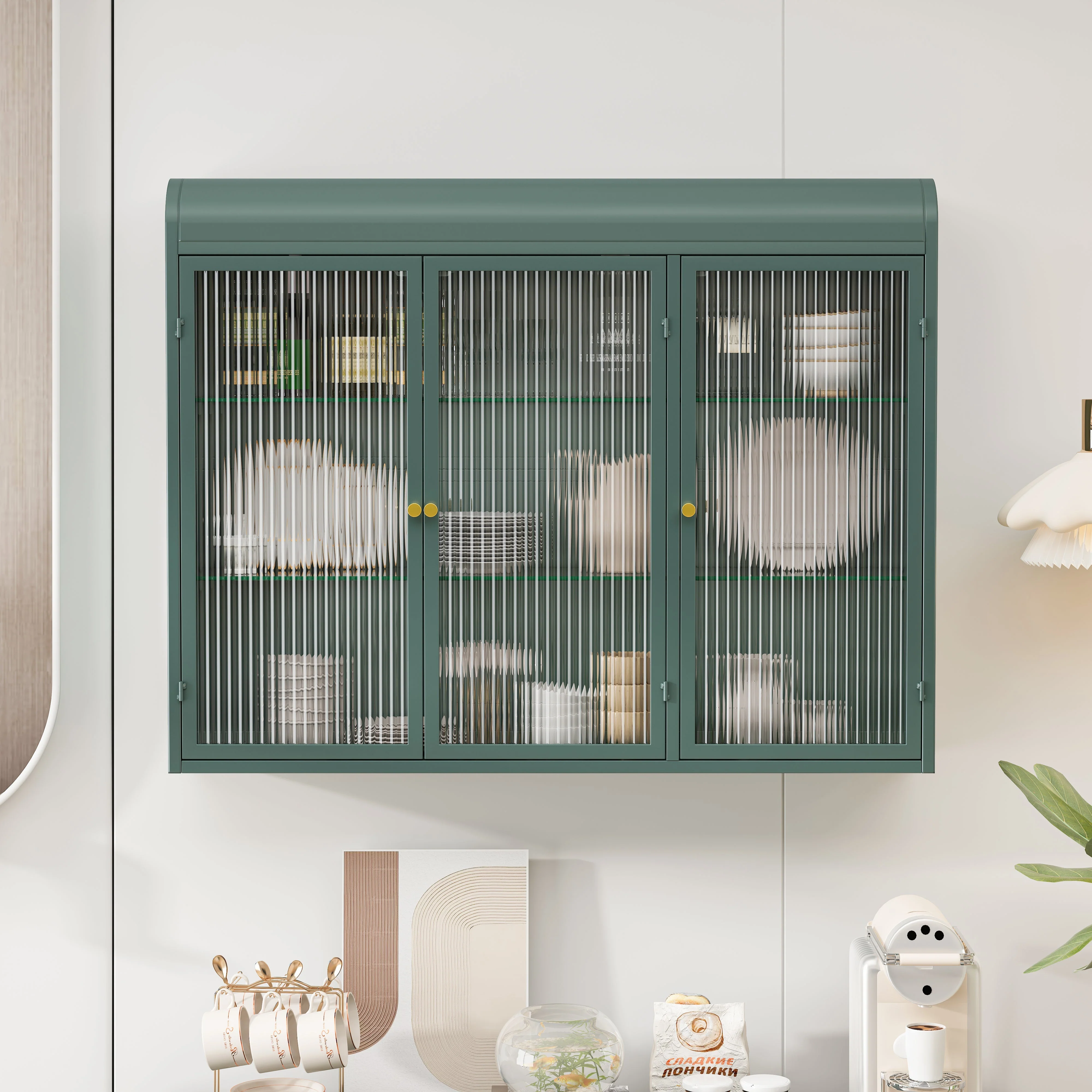 3 Door Arched Wall Mounted Glass Cabinets - Dark Green - Image 3