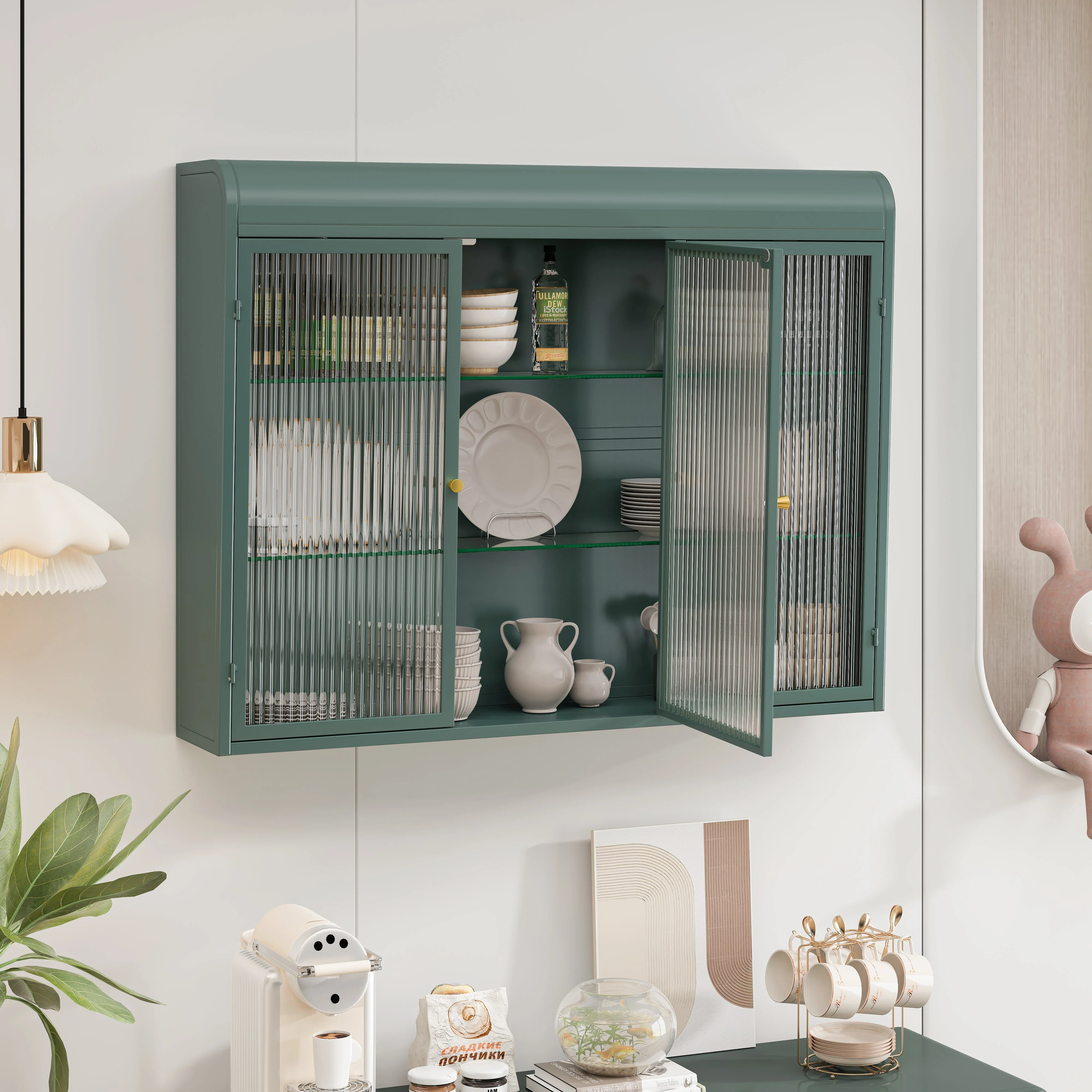 3 Door Arched Wall Mounted Glass Cabinets - Dark Green - Image 4