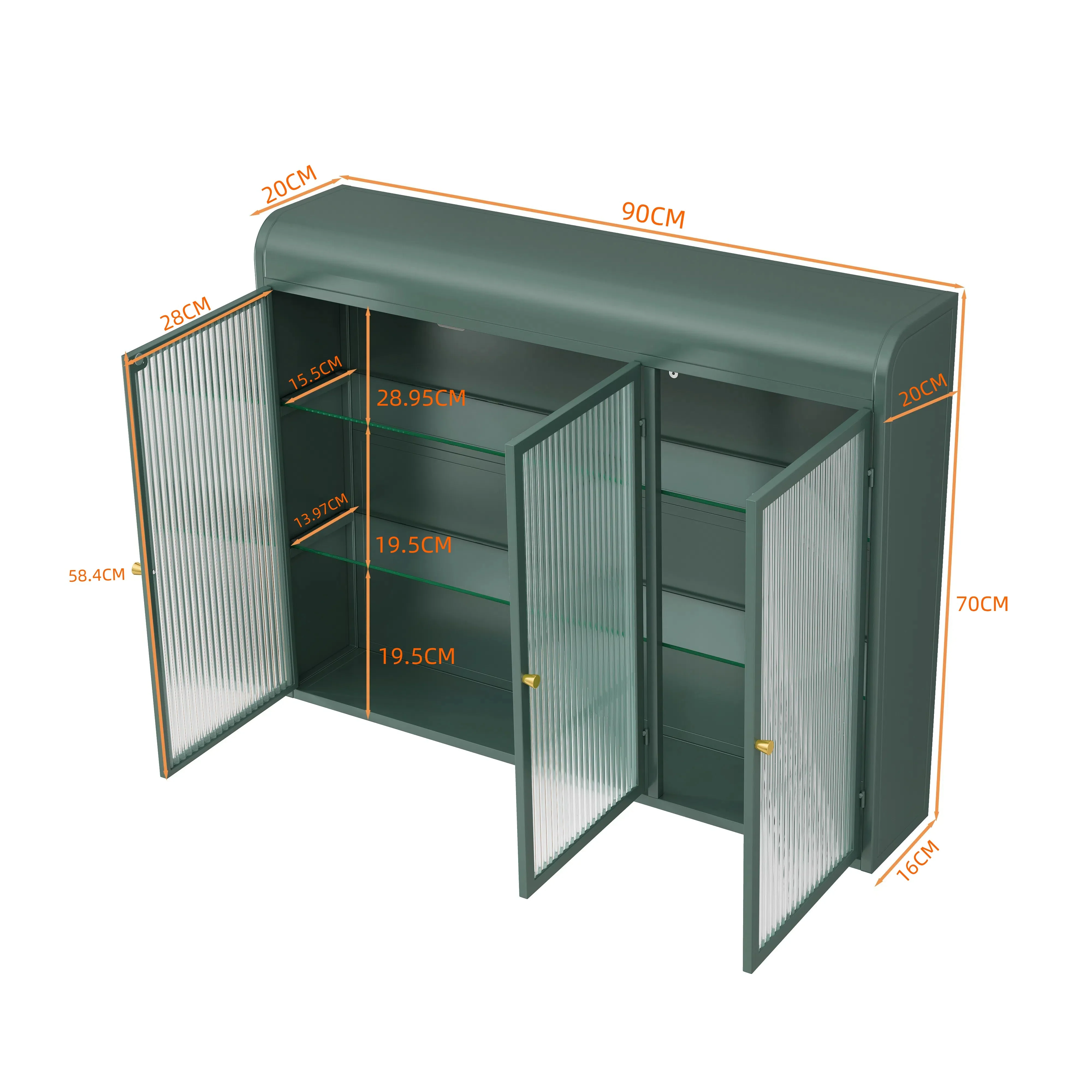 3 Door Arched Wall Mounted Glass Cabinets - Dark Green - Image 5