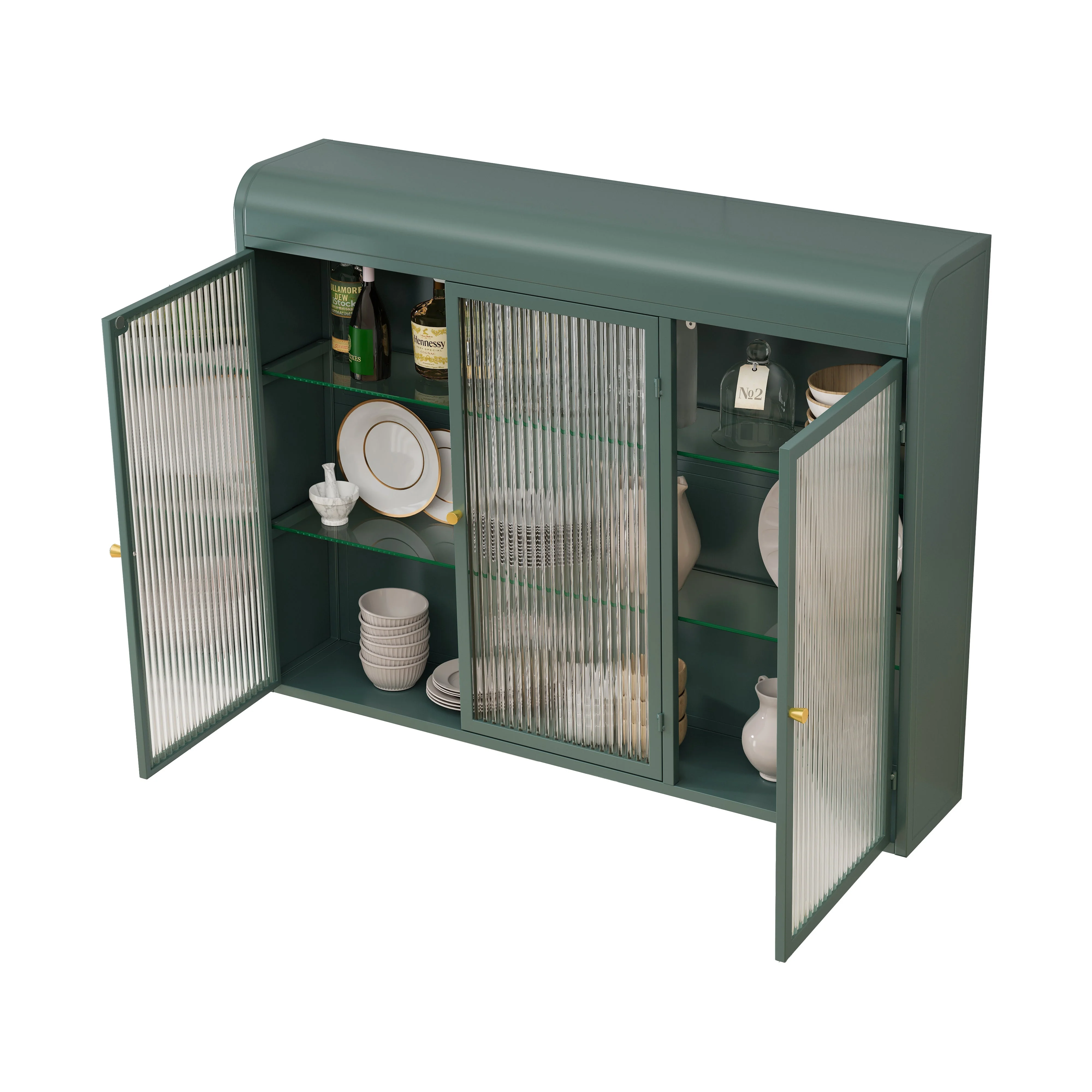3 Door Arched Wall Mounted Glass Cabinets - Dark Green - Image 6