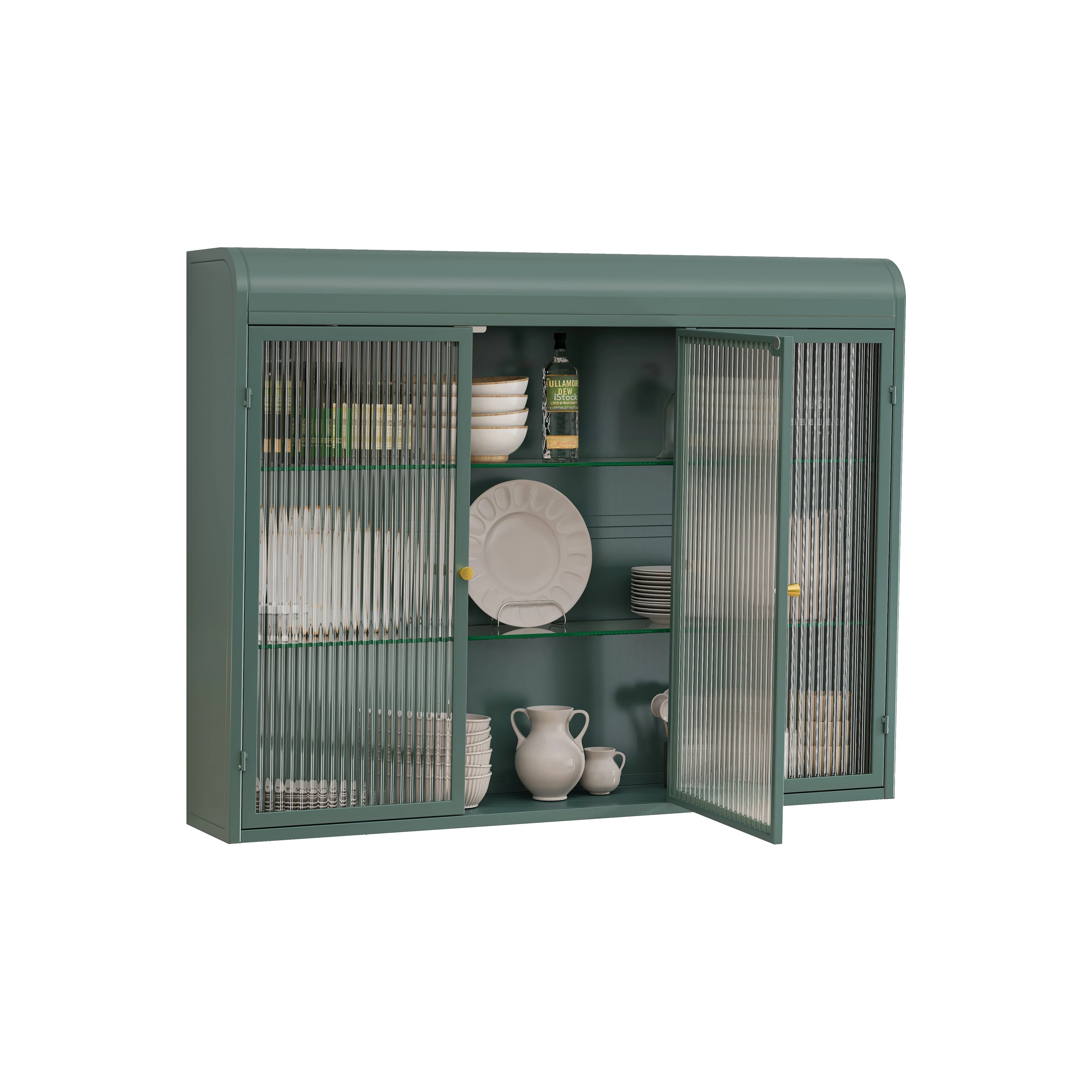 3 Door Arched Wall Mounted Glass Cabinets - Dark Green - Image 8