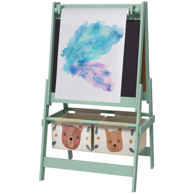 3-in-1 Children's Easel with Paper Roll, Chalkboard, Whiteboard, Storage Baskets, Green - Image 2