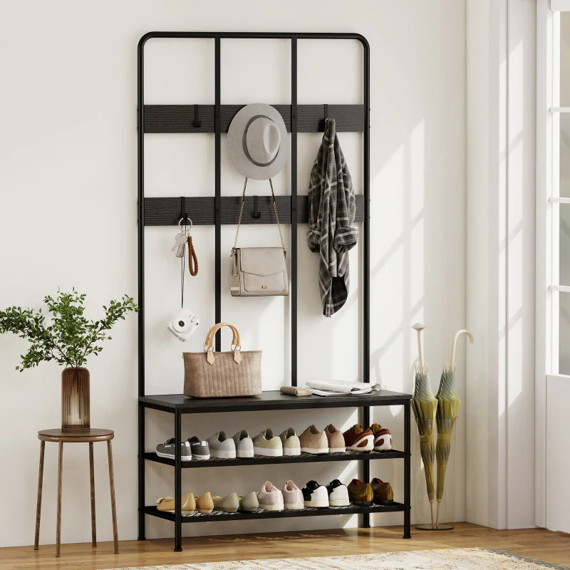 3-in-1 coat rack, coat hook, bench, shoe rack, metal, chipboard, black