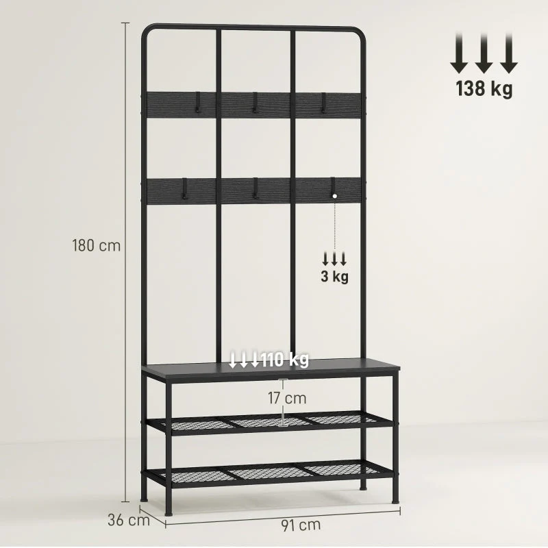 3-in-1 coat rack, coat hook, bench, shoe rack, metal, chipboard, black - Image 3