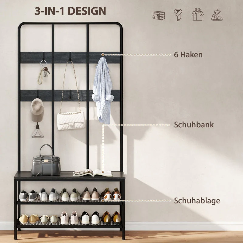 3-in-1 coat rack, coat hook, bench, shoe rack, metal, chipboard, black - Image 4