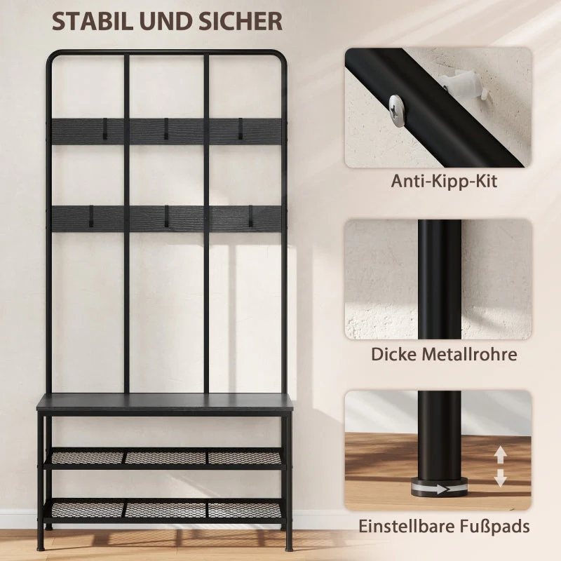 3-in-1 coat rack, coat hook, bench, shoe rack, metal, chipboard, black - Image 8