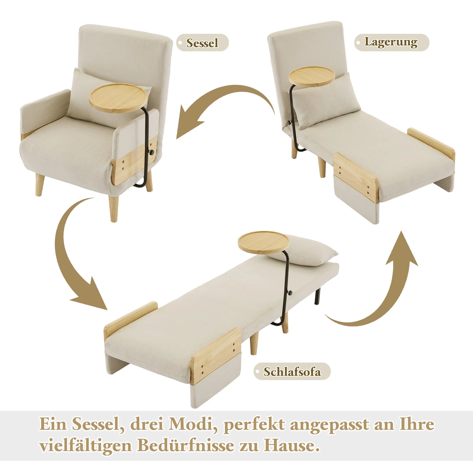 3-in-1 Convertible Armchair, Sleeping Function Upholstered Folding Seat, Wooden Tray - Image 8