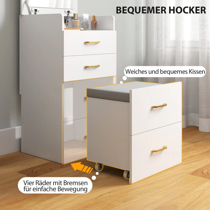 3-in-1 Dressing Table with Mirror, Bedside Table, Rolling Stool, Drawers, White - Image 5
