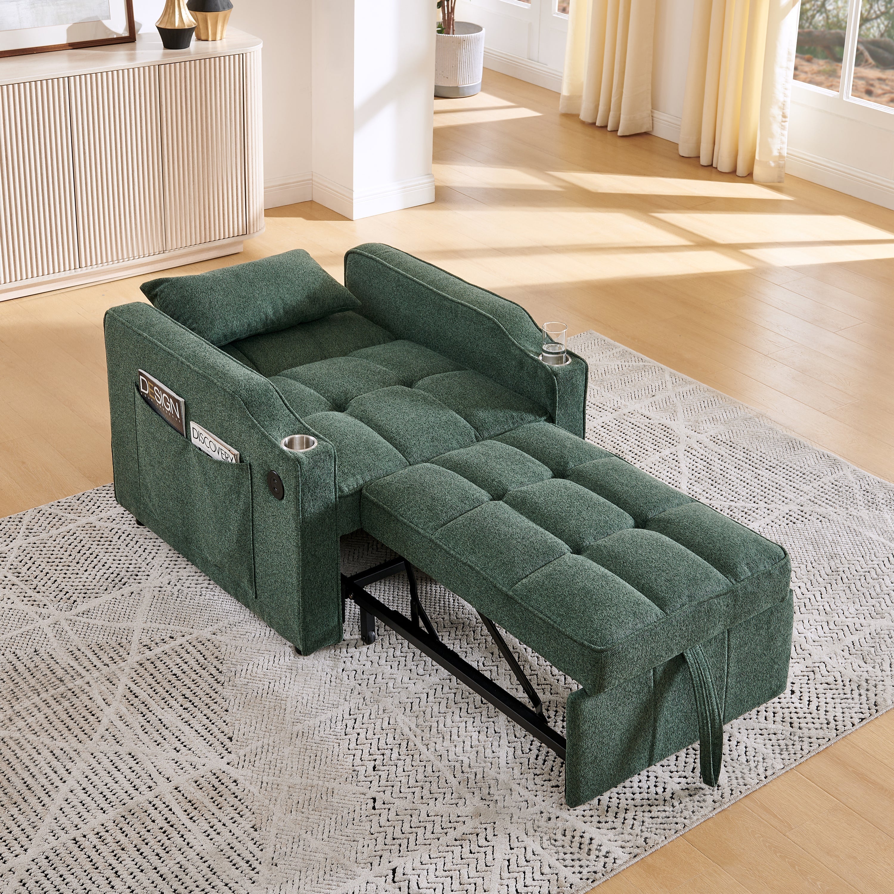 3-in-1 Light Luxury Sofa Bed with Slide-to-Transform Design and USB Charging, Green - Image 6