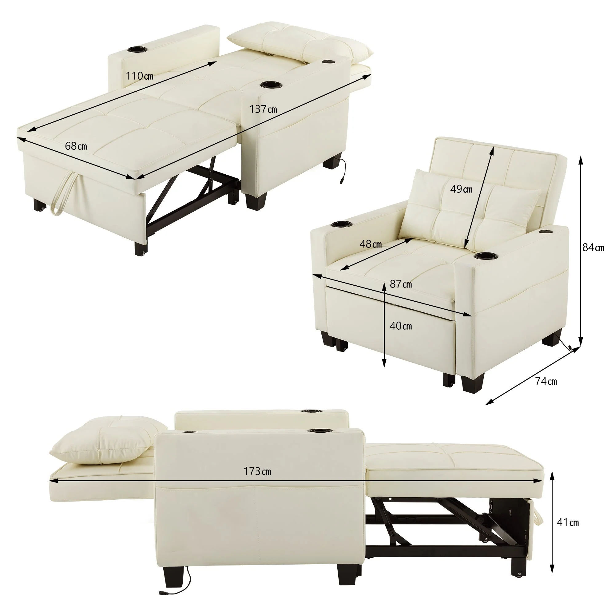 3-in-1 Pull-Out Sofa Bed - Cup Holders & USB Port, Single - Image 6