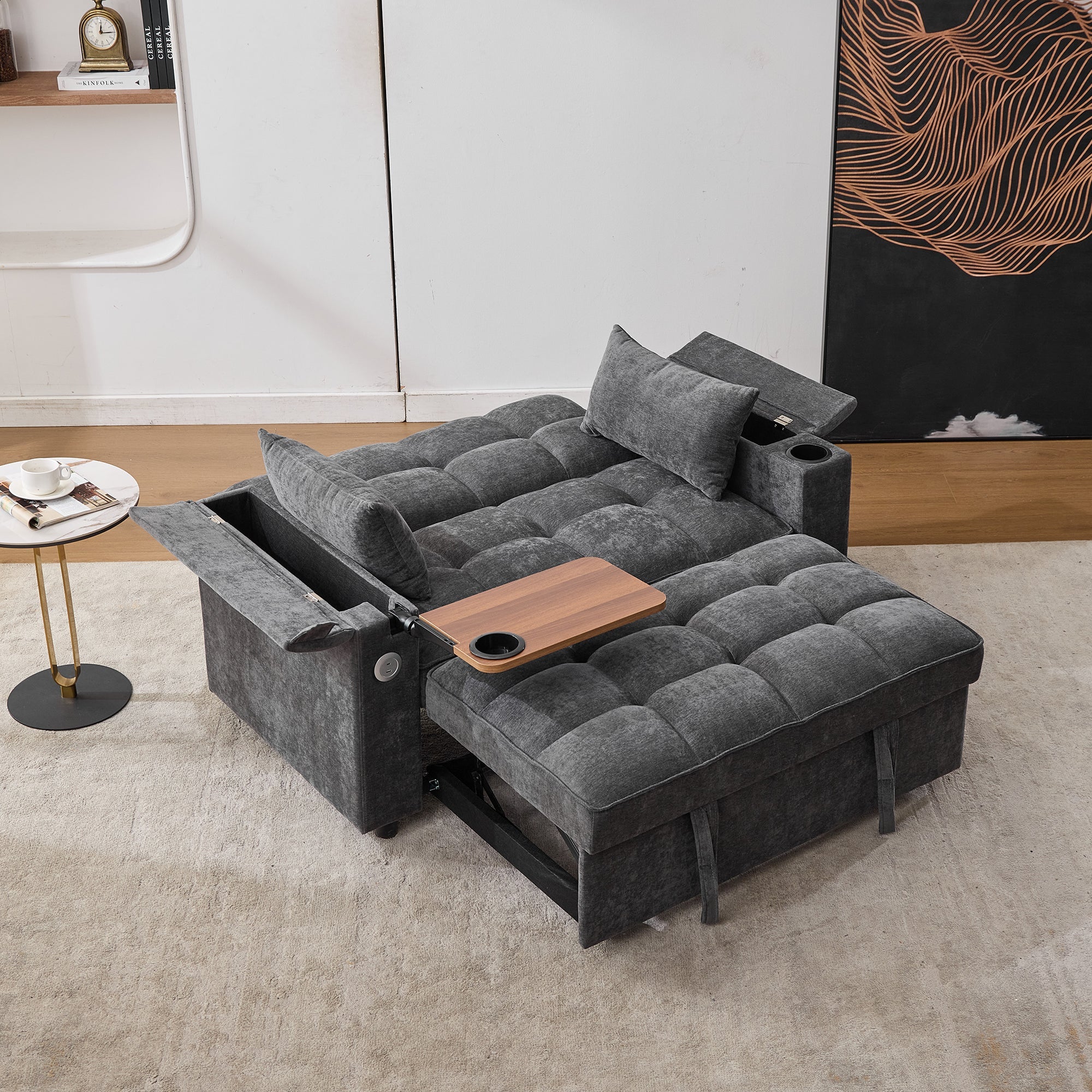 3-in-1 Sleeper Sofa Adjustable USB Hidden Table Cup Holder, Grey - Image 2