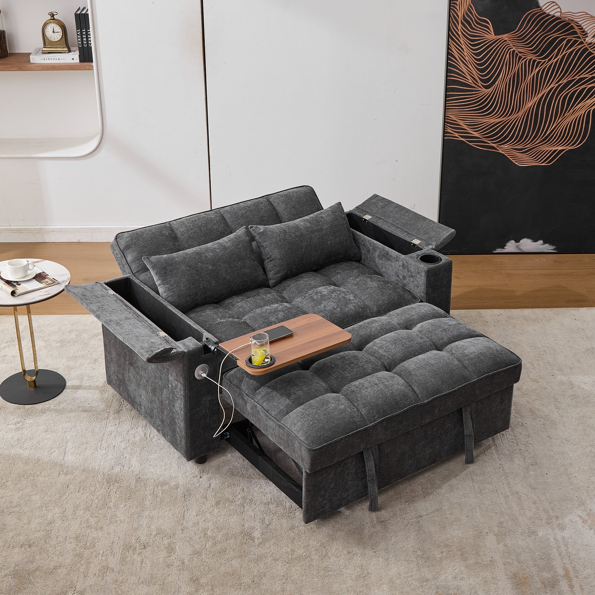 3-in-1 Sleeper Sofa Adjustable USB Hidden Table Cup Holder, Grey - Image 3