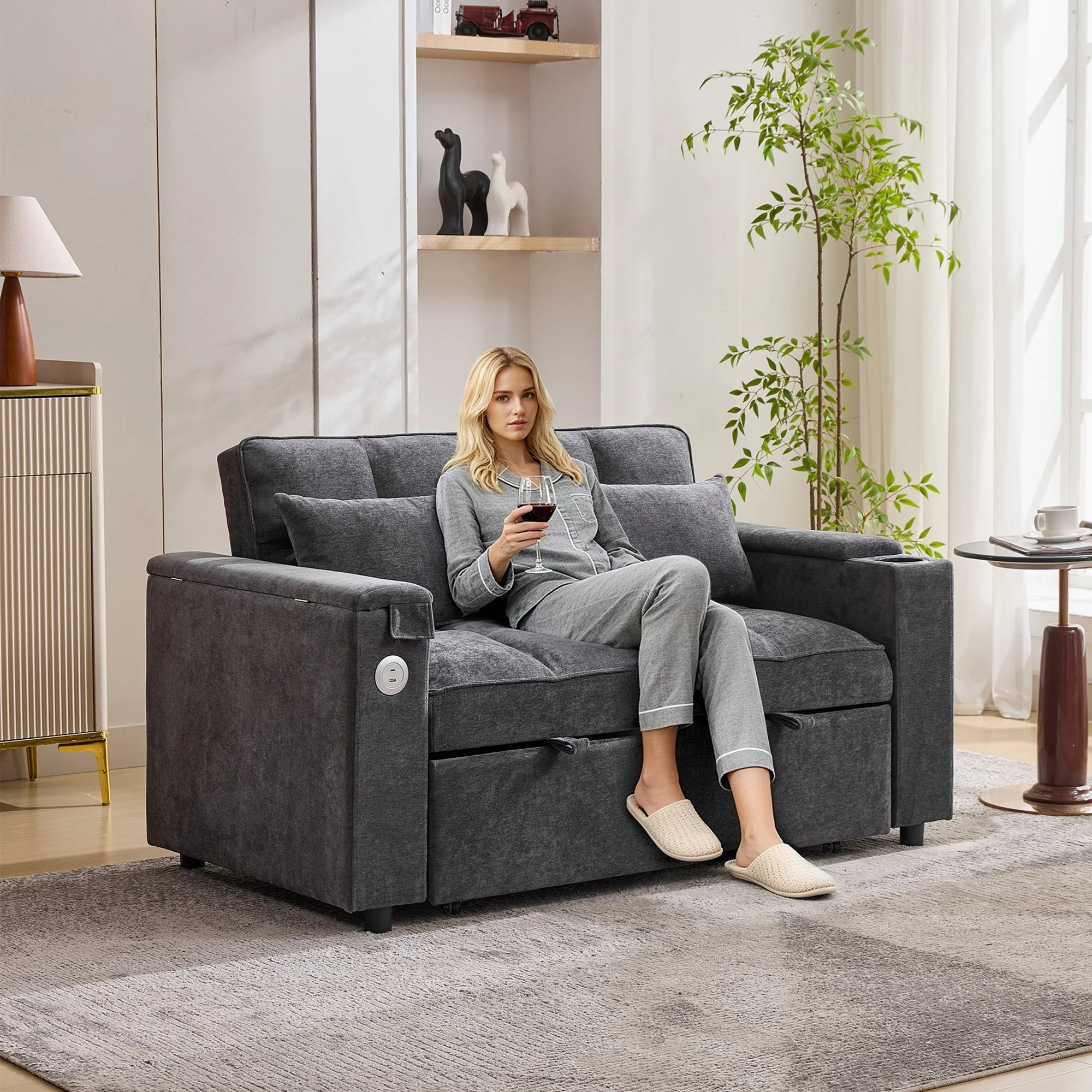 3-in-1 Sleeper Sofa Adjustable USB Hidden Table Cup Holder, Grey - Image 5
