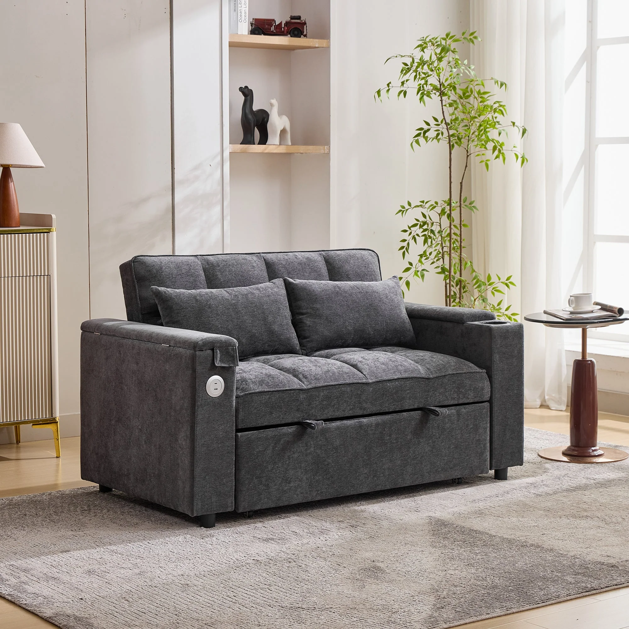 3-in-1 Sleeper Sofa Adjustable USB Hidden Table Cup Holder, Grey - Image 6