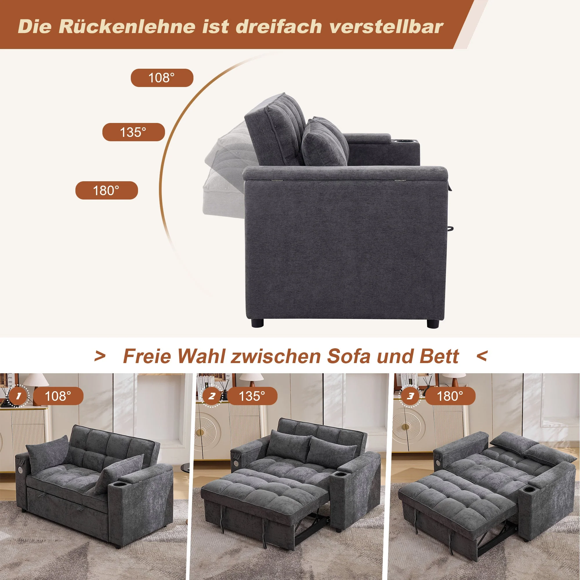 3-in-1 Sleeper Sofa Adjustable USB Hidden Table Cup Holder, Grey - Image 7