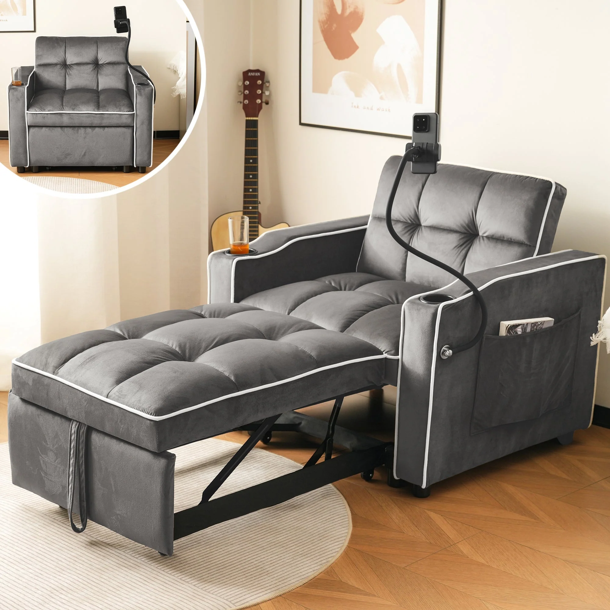 3-in-1 Sleeper Sofa Extendable, Cup/Phone Holders, Small Spaces - Image 2