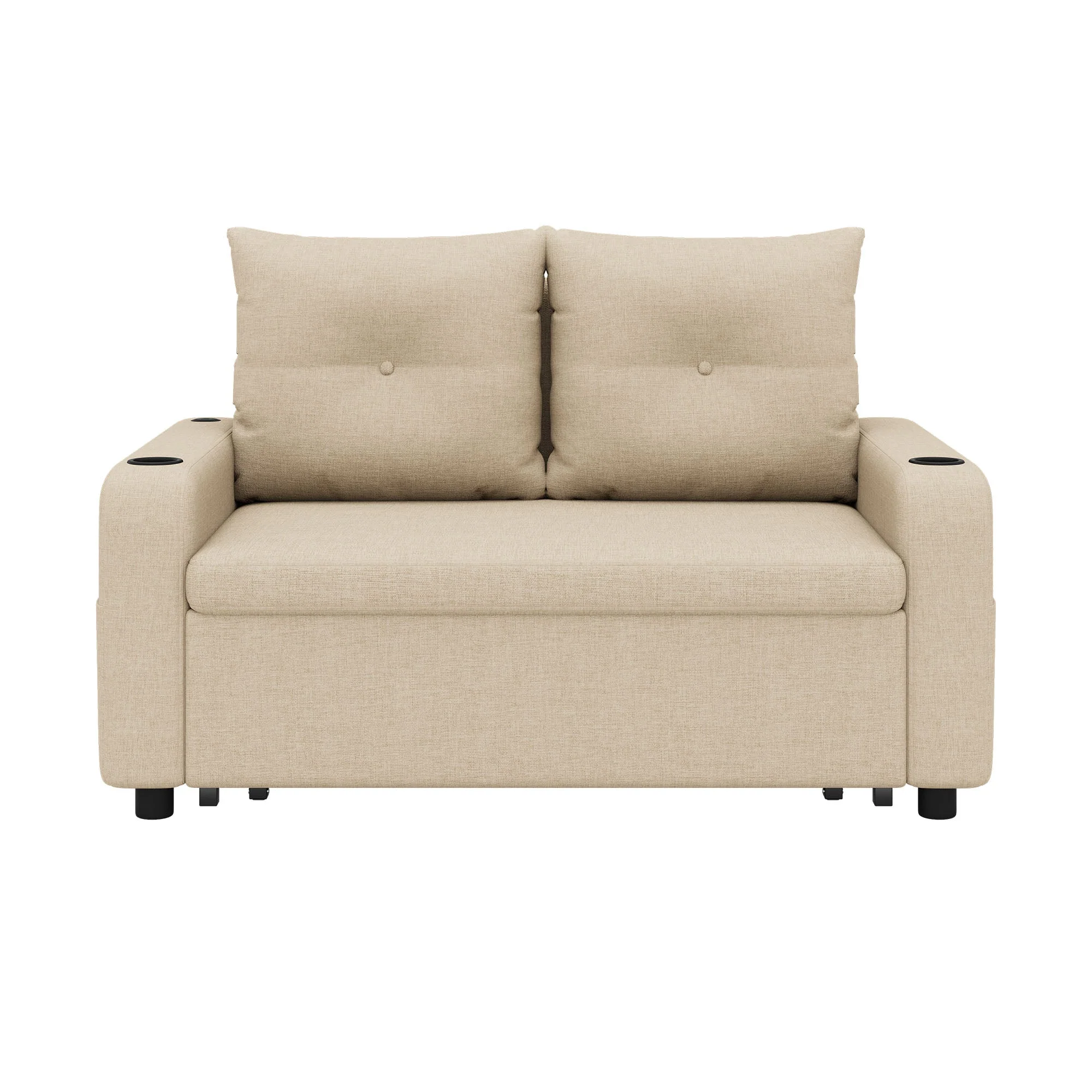 3-in-1 Sleeper Sofa with Pull-Out Bed, Cup Holder, USB Port and Side Pockets, Beige Cotton Linen - Image 10