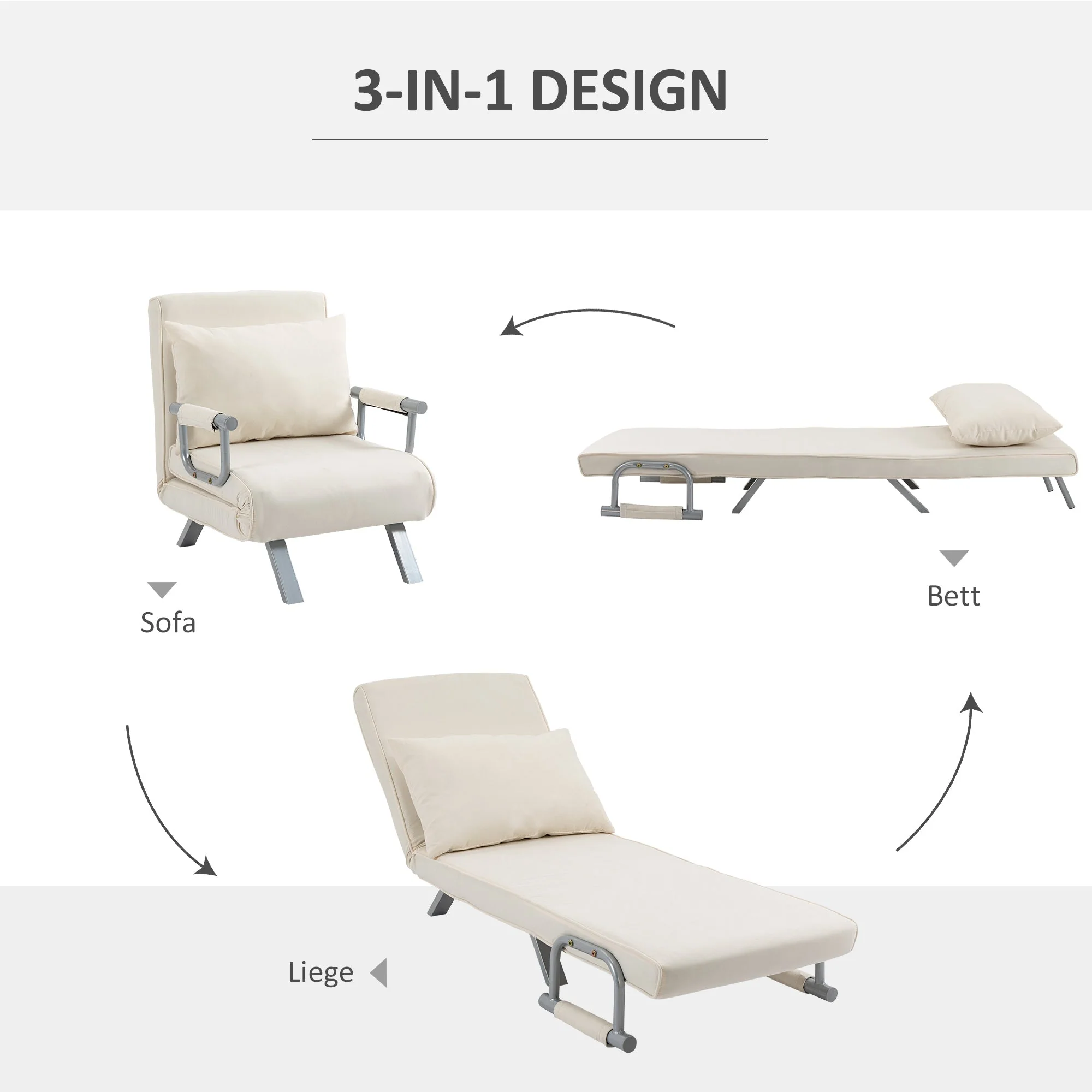3-in-1 Sofa Bed Sleeper Chair Guest Folding Mattress Chaise Longue 65x69x80cm Polyester Cream - Image 5