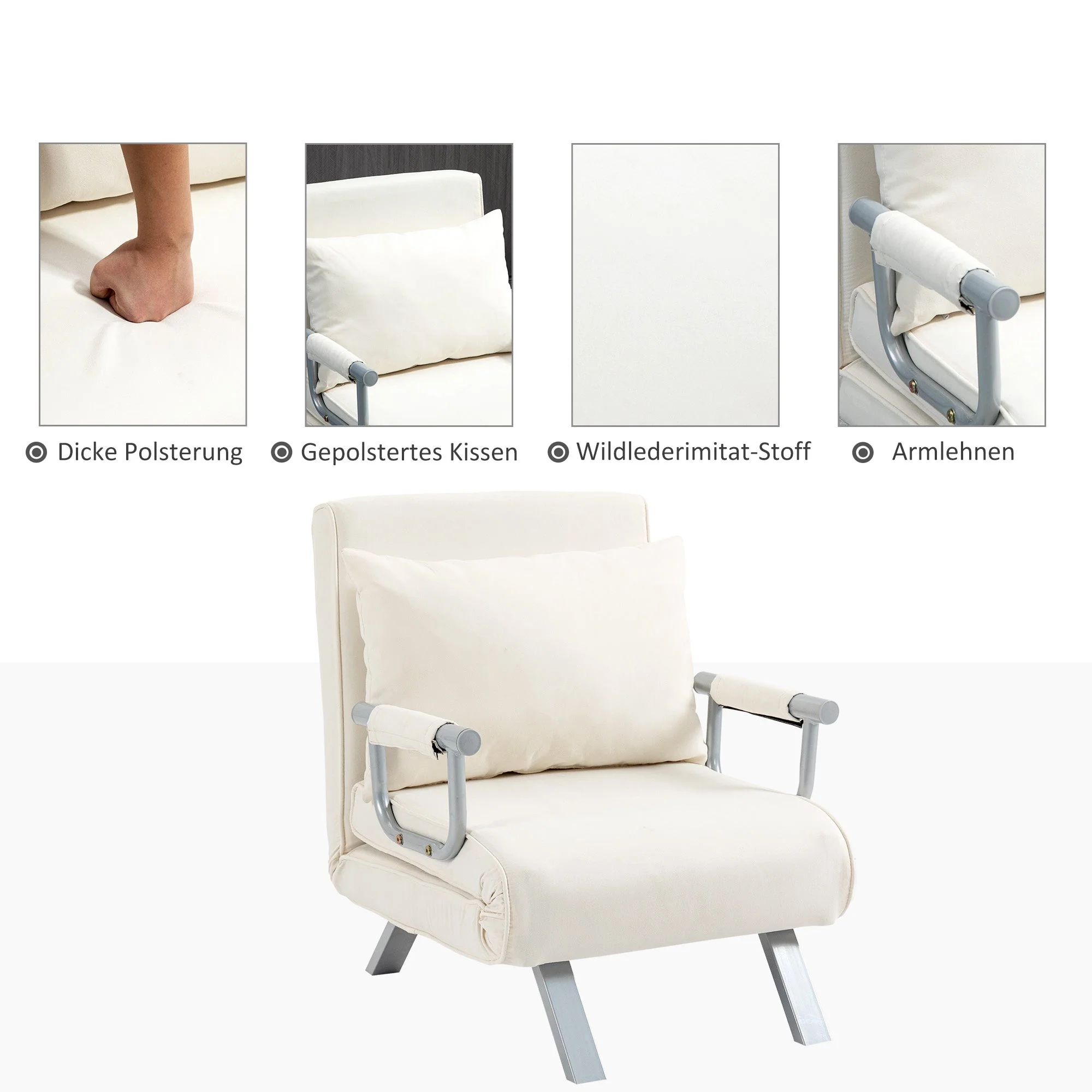 3-in-1 Sofa Bed Sleeper Chair Guest Folding Mattress Chaise Longue 65x69x80cm Polyester Cream - Image 6