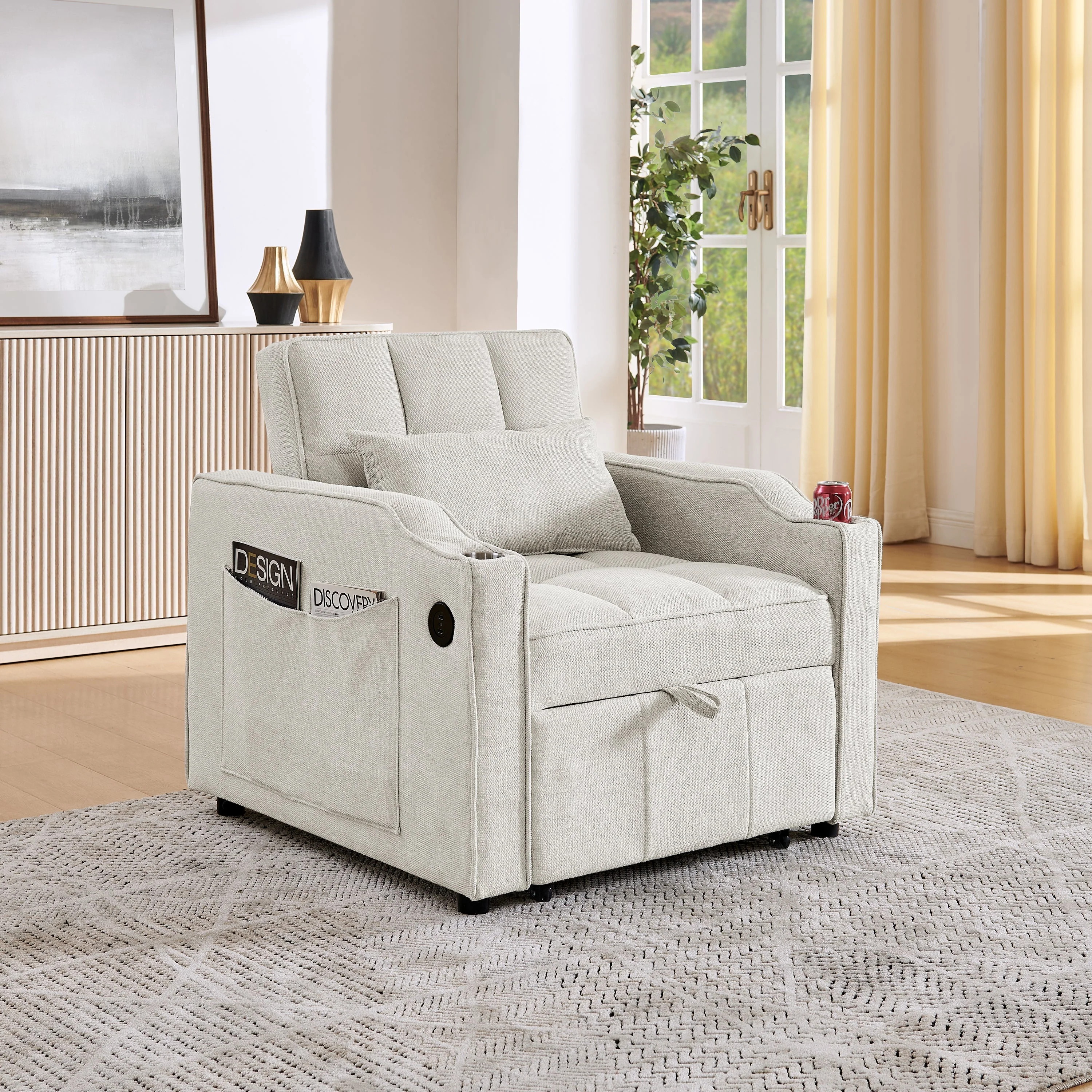3-in-1 Sofa Bed Slide-to-Transform USB Charging - Beige - Image 8