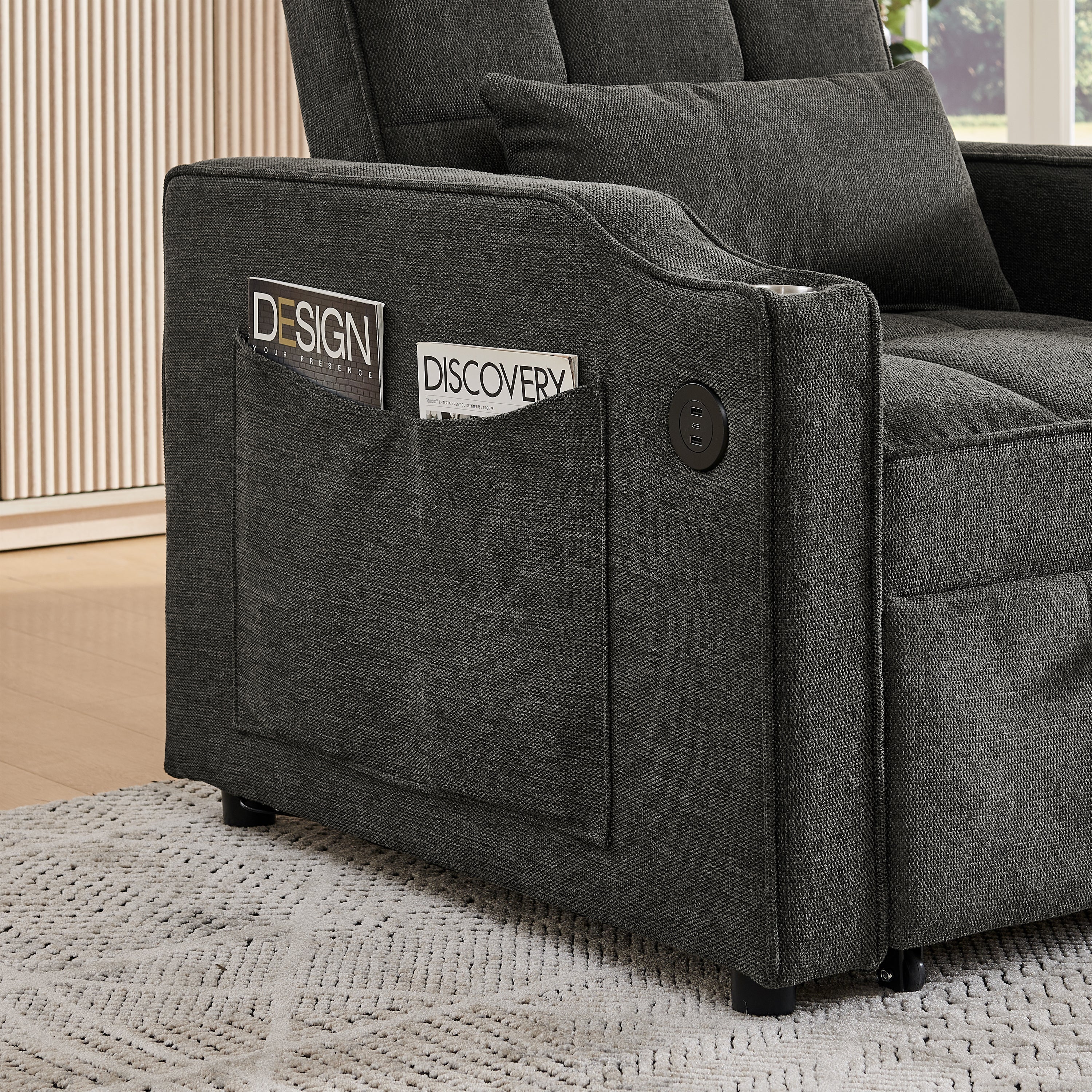 3-in-1 Sofa Bed Slide-to-Transform USB Charging - Gray - Image 6