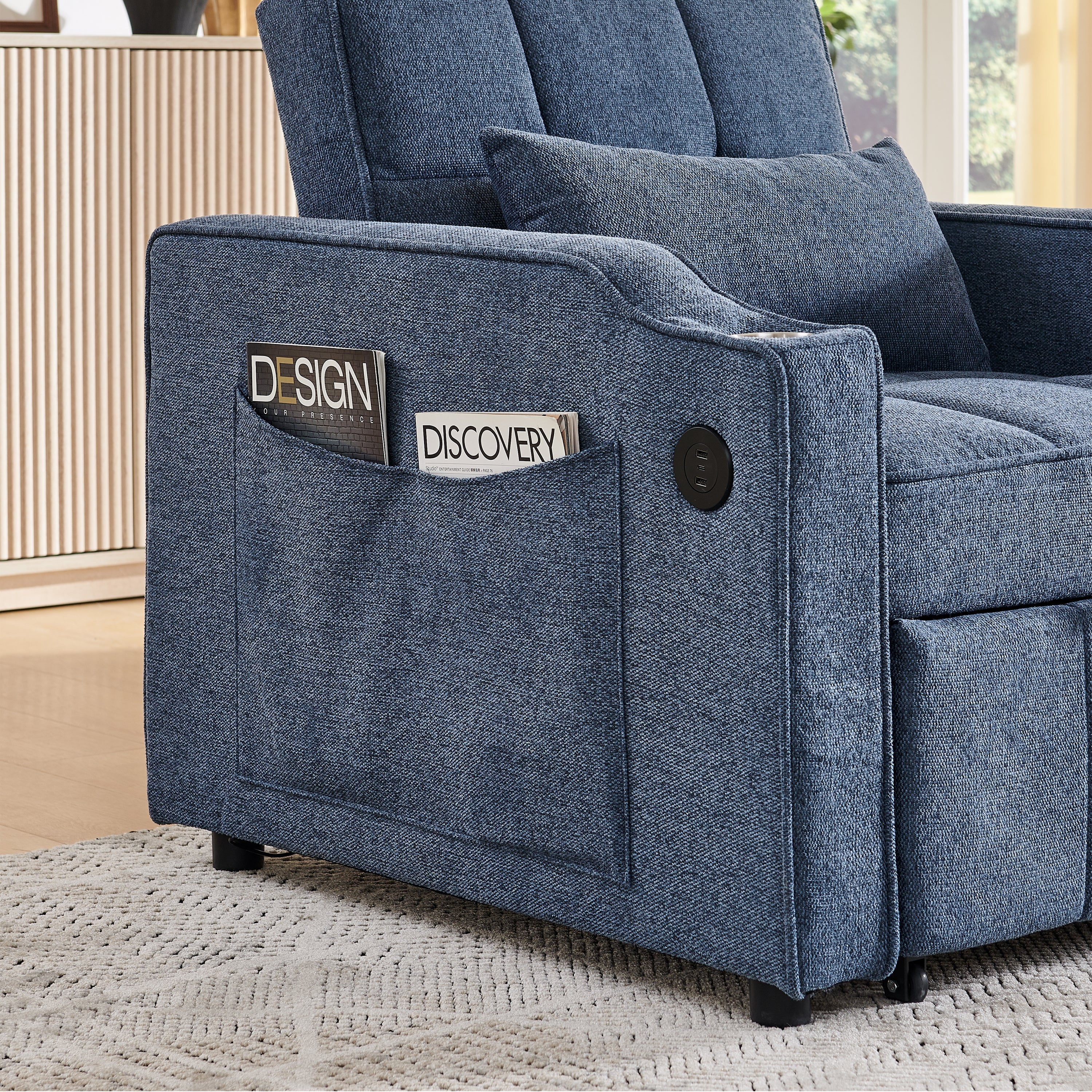 3-in-1 Sofa Bed with Slide-to-Transform Design and USB Charging, Navy Blue - Image 6
