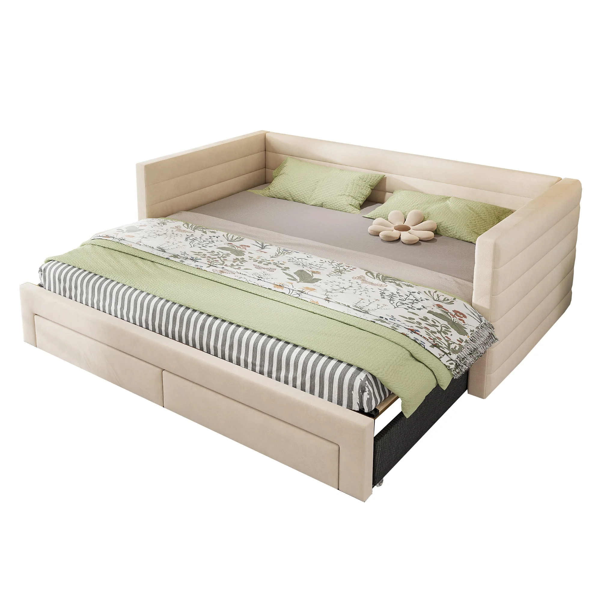 3-in-1 Upholstered Sofa Bed with Drawers and Slatted Base, Cotton and Linen, Beige - Image 9