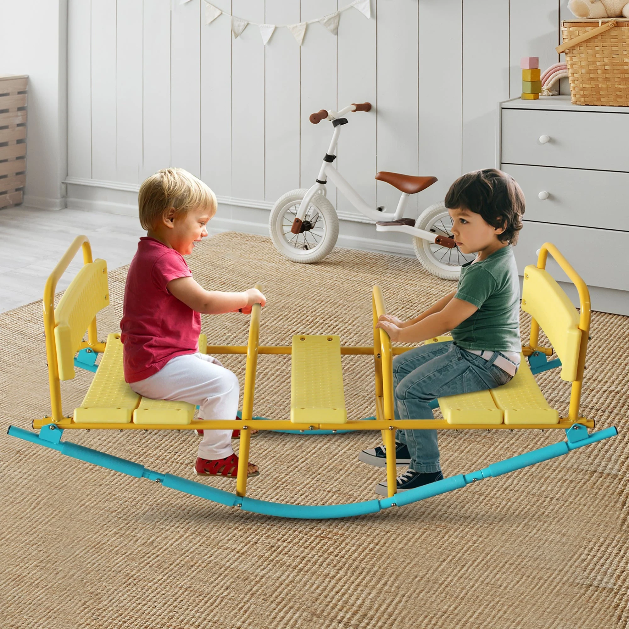 3-Person See Saw, Heavy-Duty Steel Frame, Blue/Yellow