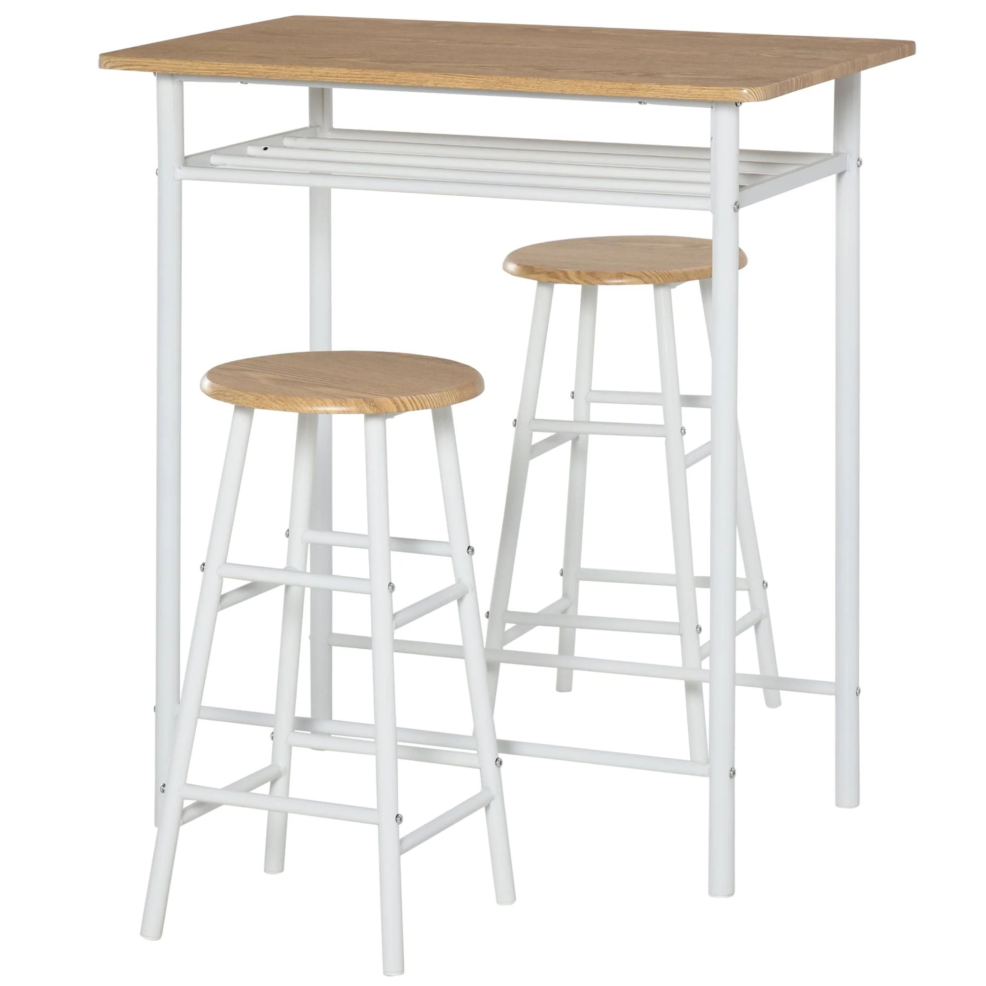 3-Piece Bar Table Set 2 Bar Stools Storage Shelf, MDF Steel, White + Oak - Image 2