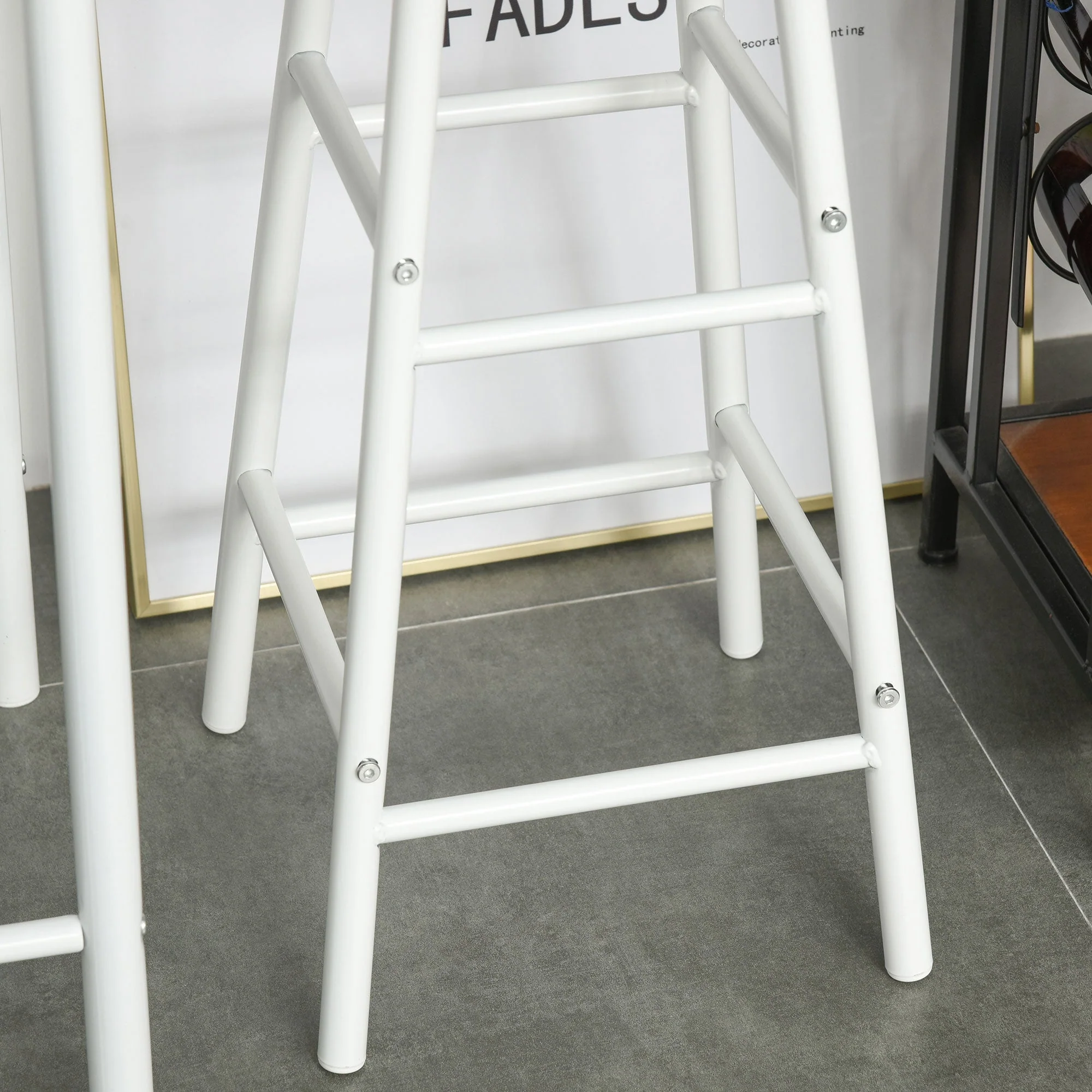 3-Piece Bar Table Set 2 Bar Stools Storage Shelf, MDF Steel, White + Oak - Image 8