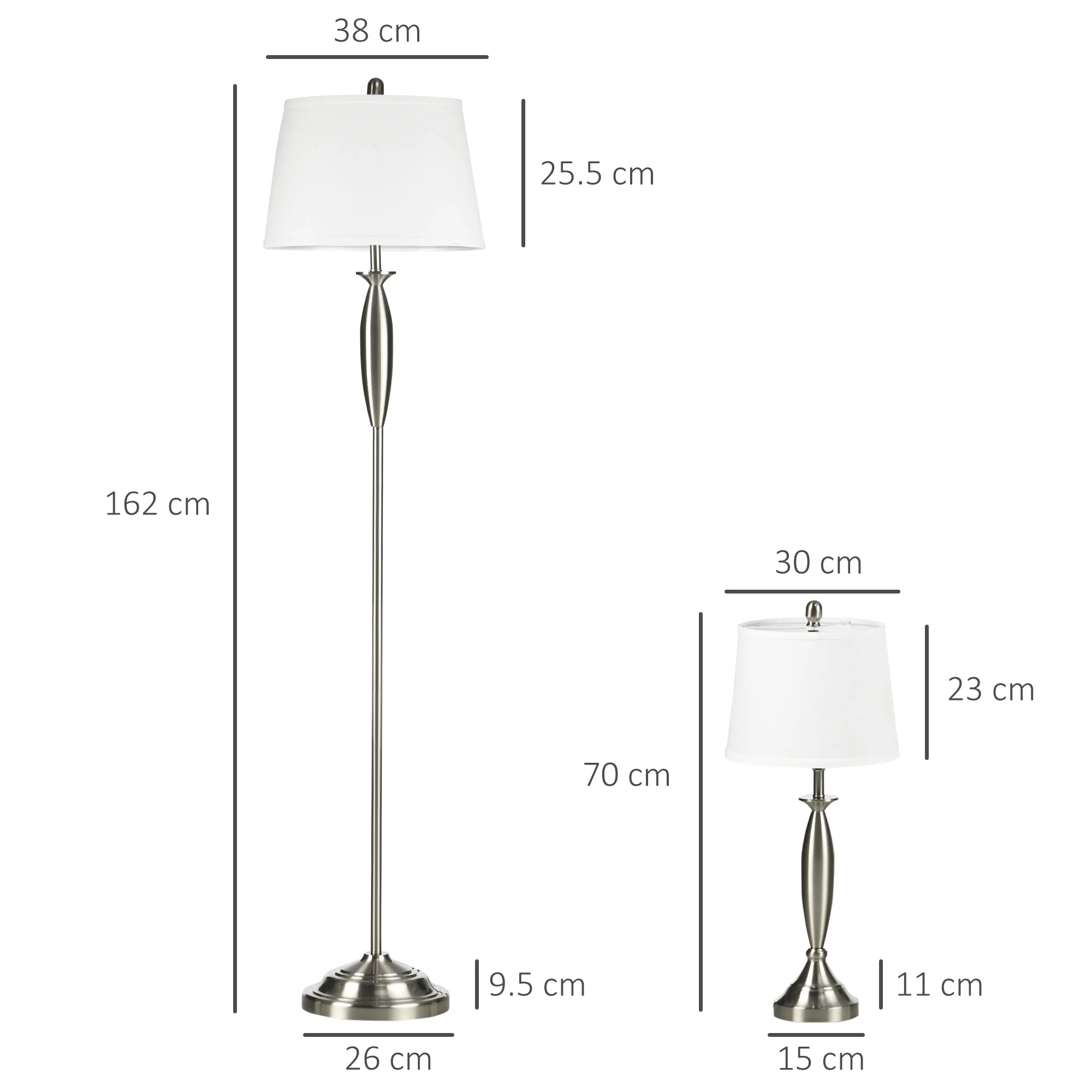 3-Piece Lamp Set: Floor Lamp & 2 Table Lamps E27, Silver and White - Image 3