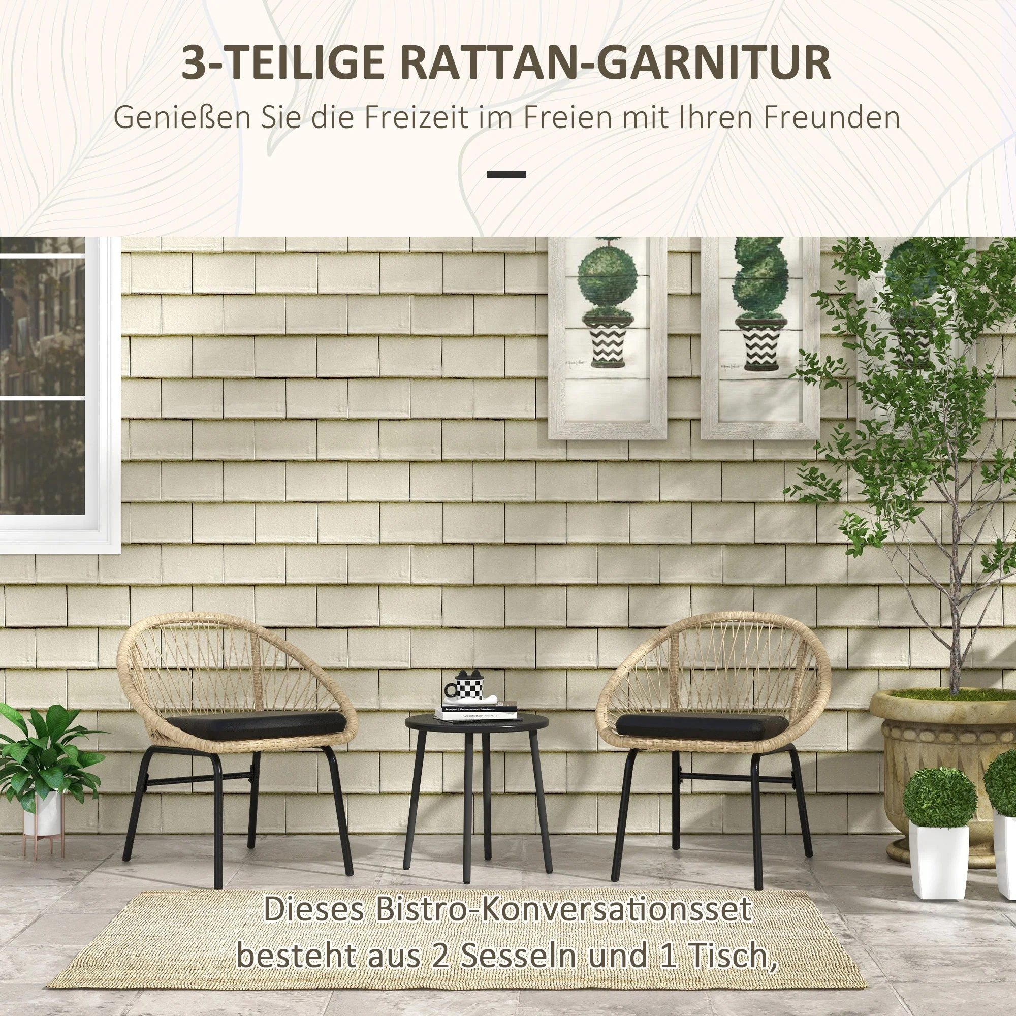 3-piece Rattan Garden Furniture Set with Coffee Table & 2 Chairs, Weatherproof, Yellow Polyester - Image 4