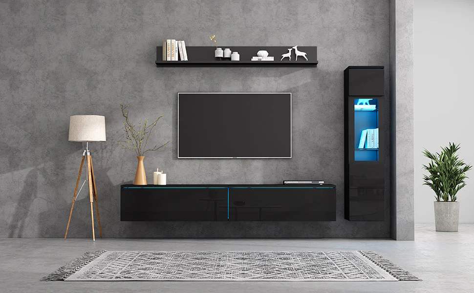 3-Piece TV Wall Unit Set High-Gloss LED Display Cabinet & Shelf Black - Image 10