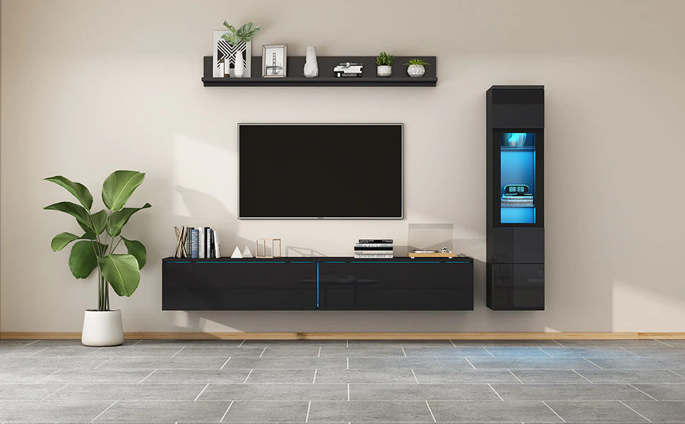 3-Piece TV Wall Unit Set High-Gloss LED Display Cabinet & Shelf Black - Image 6