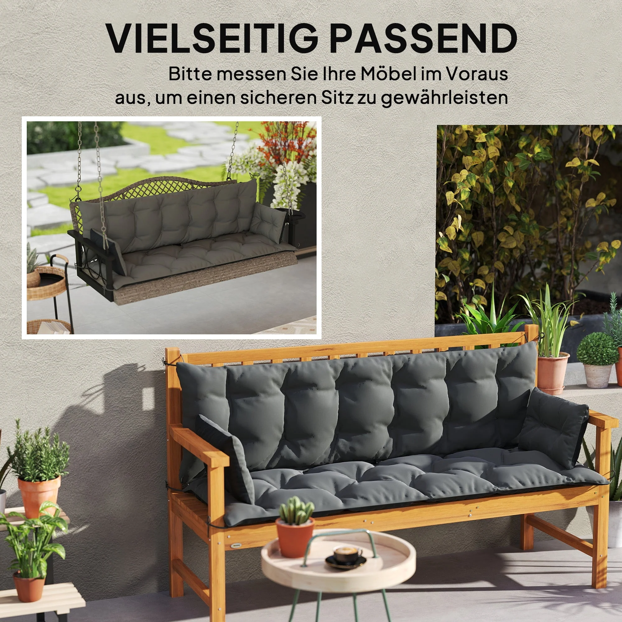 3-Seater Bench Cushion, 180x110x8 cm, with Ties, Dark Grey + Black - Image 8