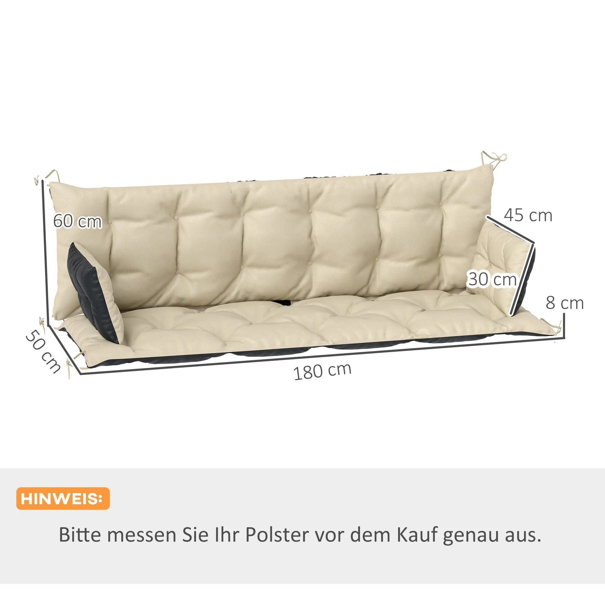 3-seater bench cushion 180x110x8 cm with ties outdoor/indoor, beige + black - Image 3