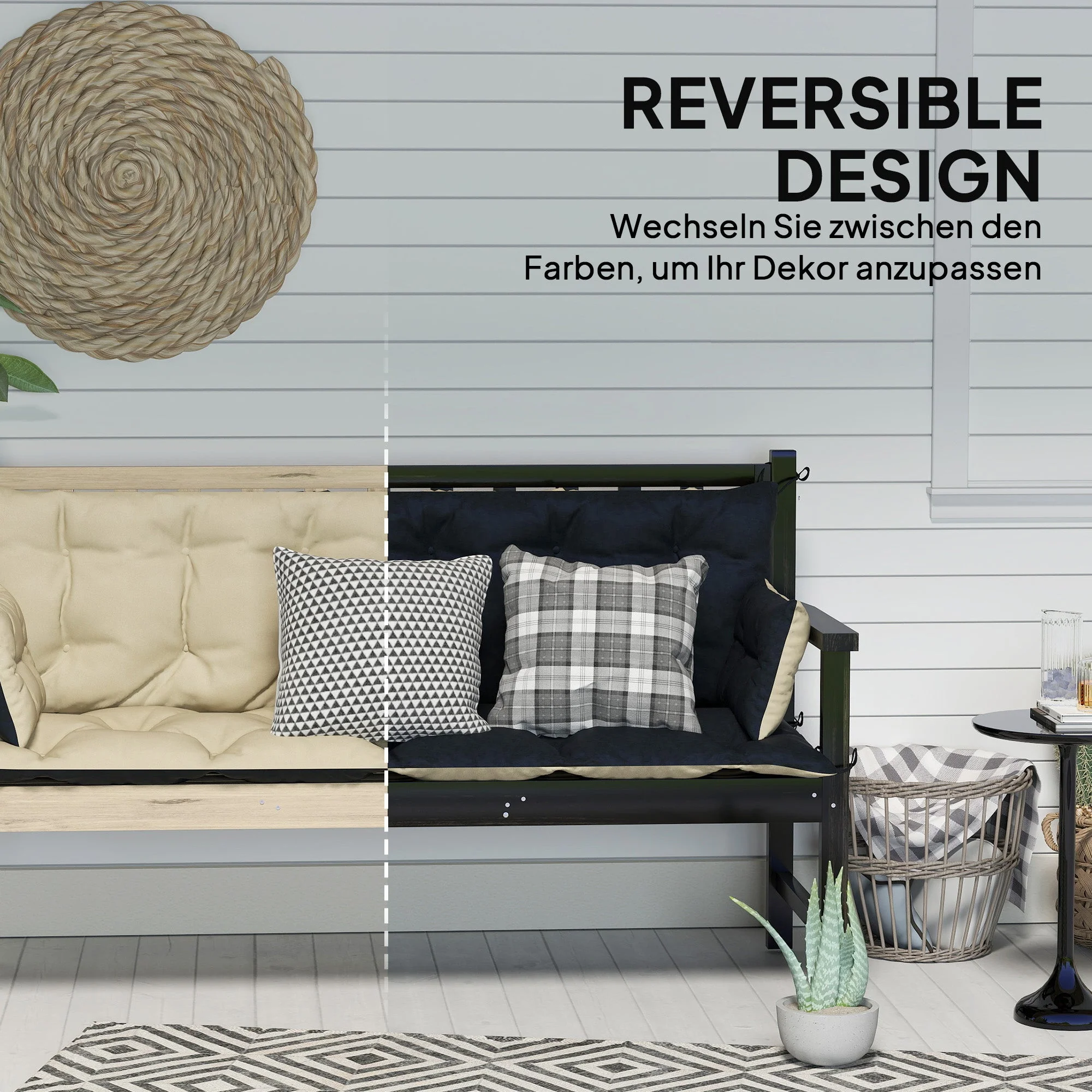 3-seater bench cushion 180x110x8 cm with ties outdoor/indoor, beige + black - Image 4