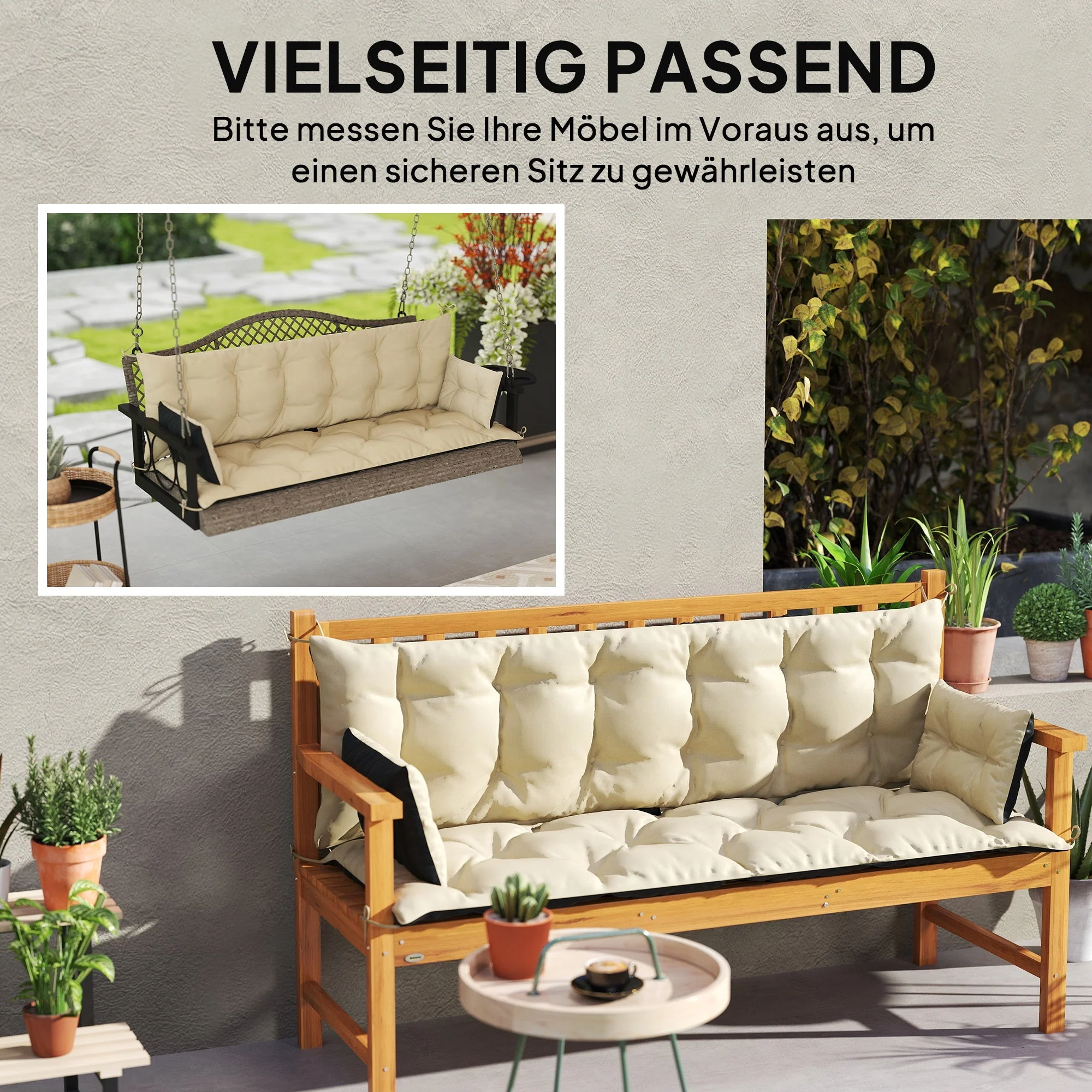 3-seater bench cushion 180x110x8 cm with ties outdoor/indoor, beige + black - Image 7