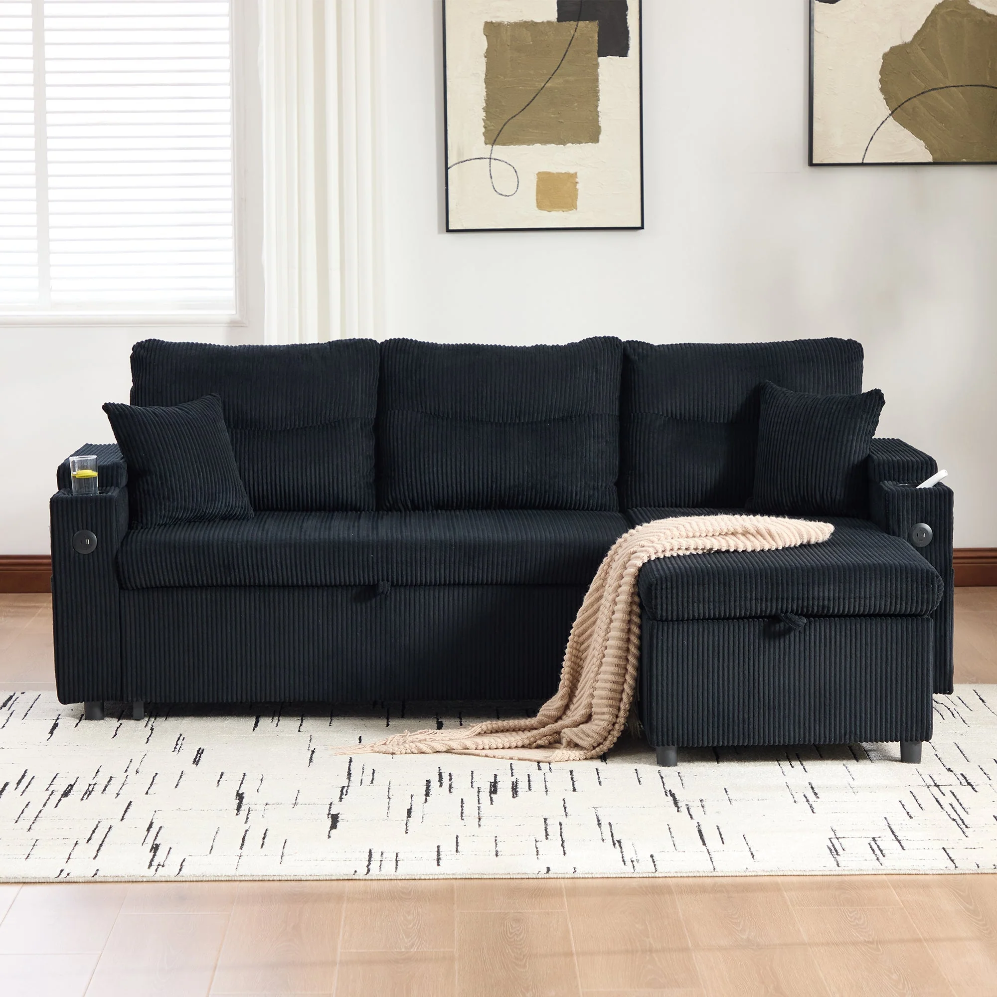 3-Seater Corduroy Sofa Sleeper Hydraulic Chaise Storage Cup Holders USB-C Corduroy - Image 9