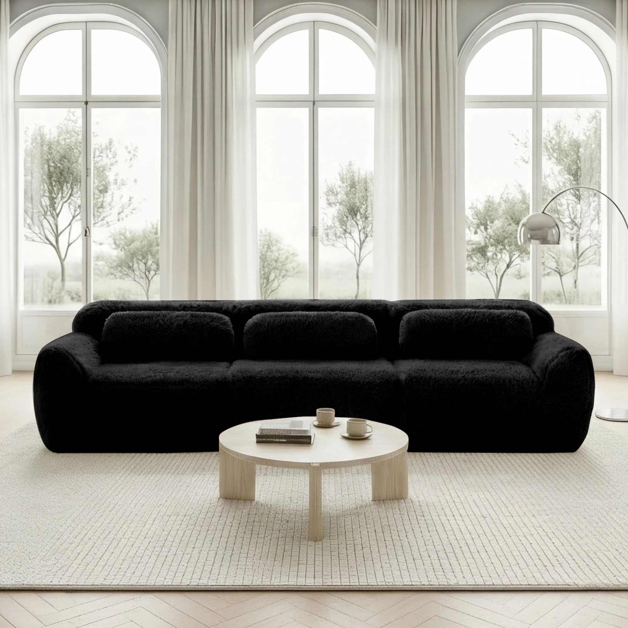 3-Seater Deep Sofa Modular Plush Fabric - Black - Image 2