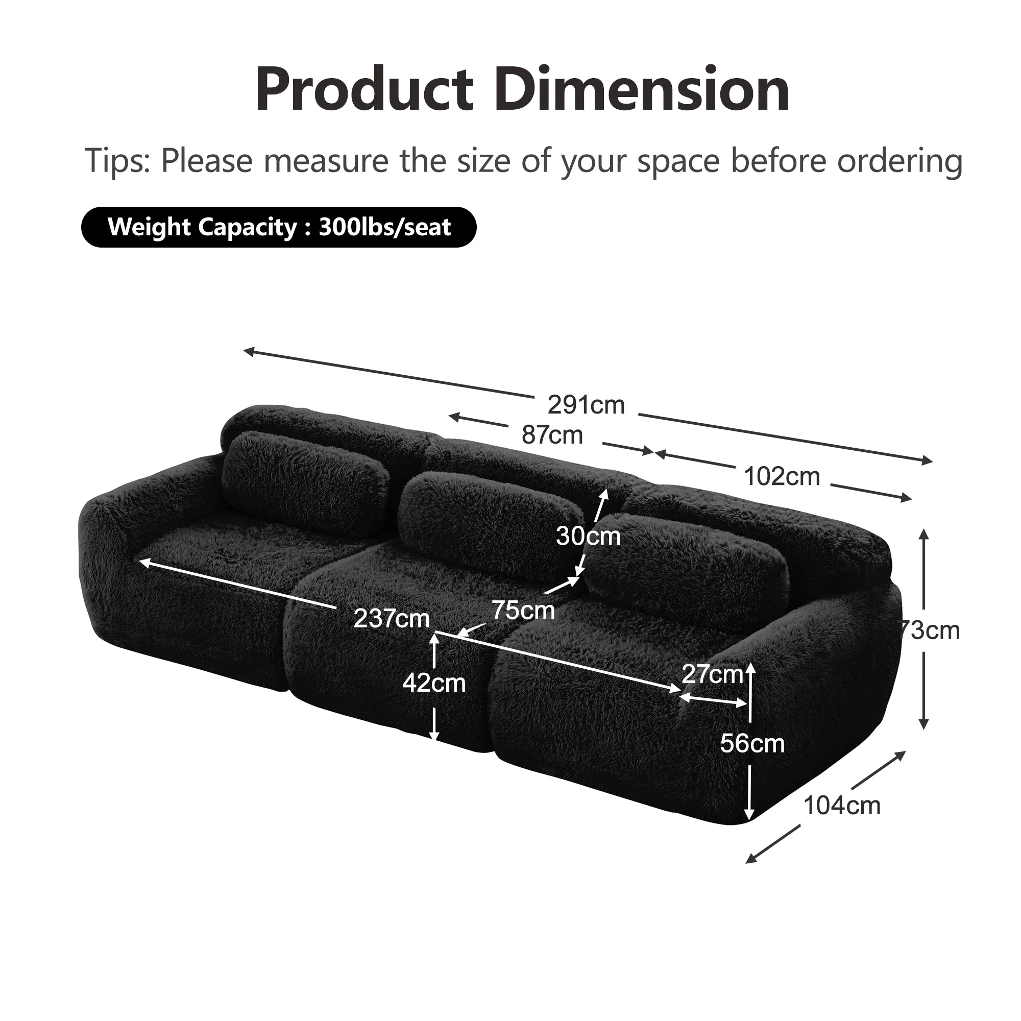 3-Seater Deep Sofa Modular Plush Fabric - Black - Image 7