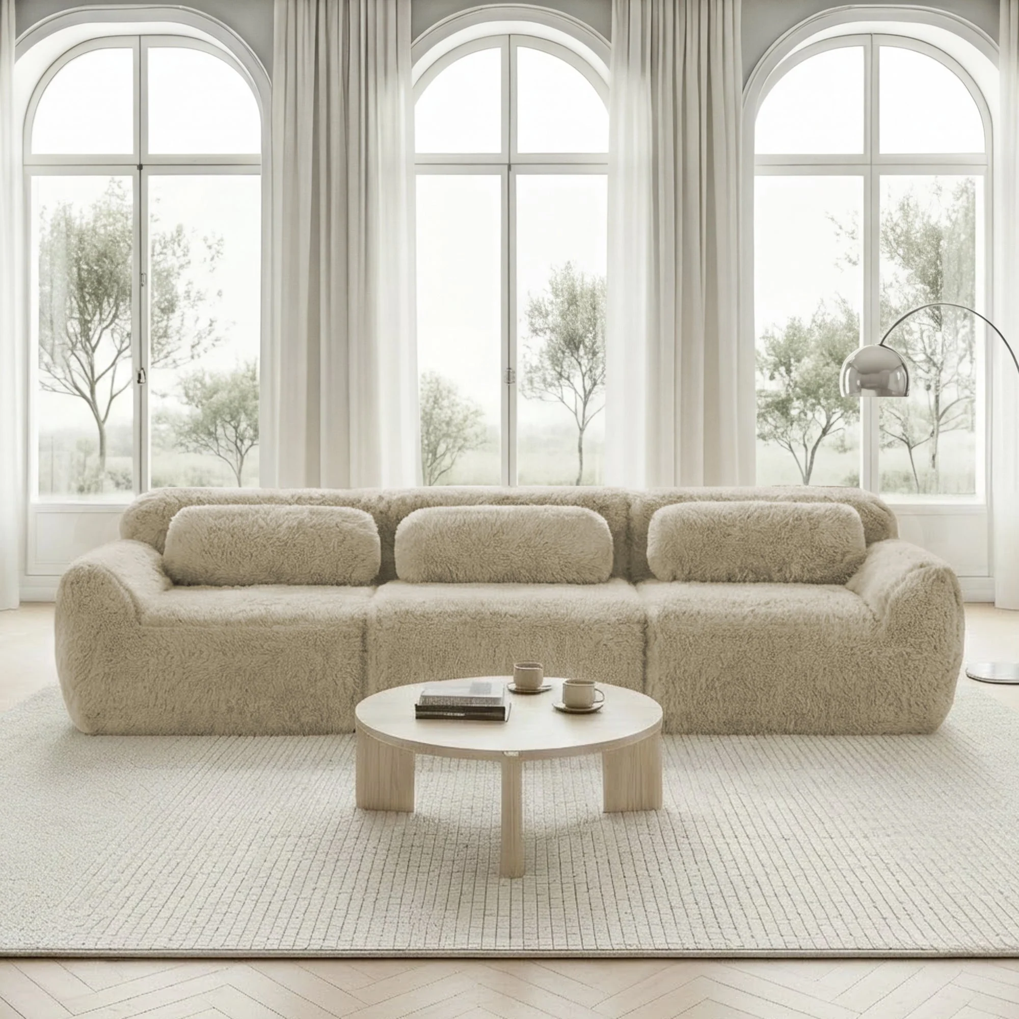 3-seater Deep Sofa Modular Plush Fabric No Assembly - Light Khaki - Image 2
