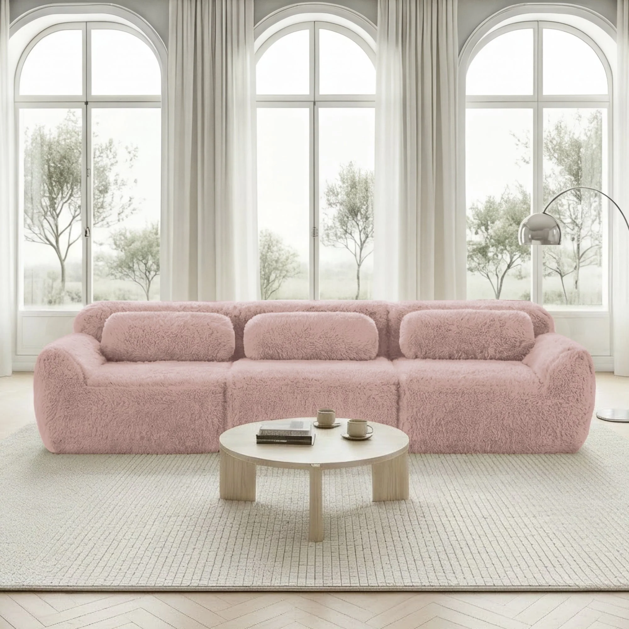 3-seater Deep Sofa Modular Plush Fabric with Cushions - Pink - Image 2