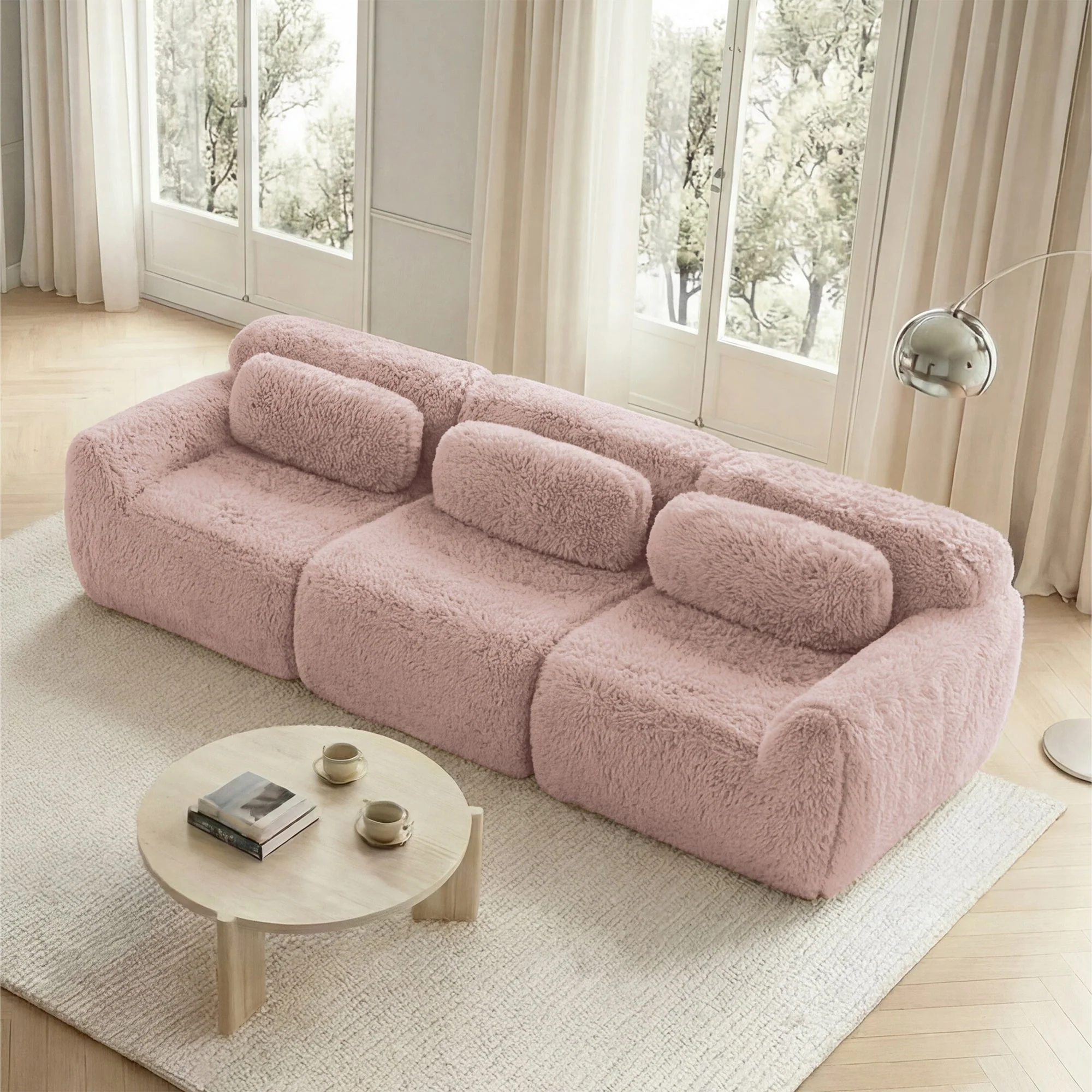 3-seater Deep Sofa Modular Plush Fabric with Cushions - Pink - Image 3