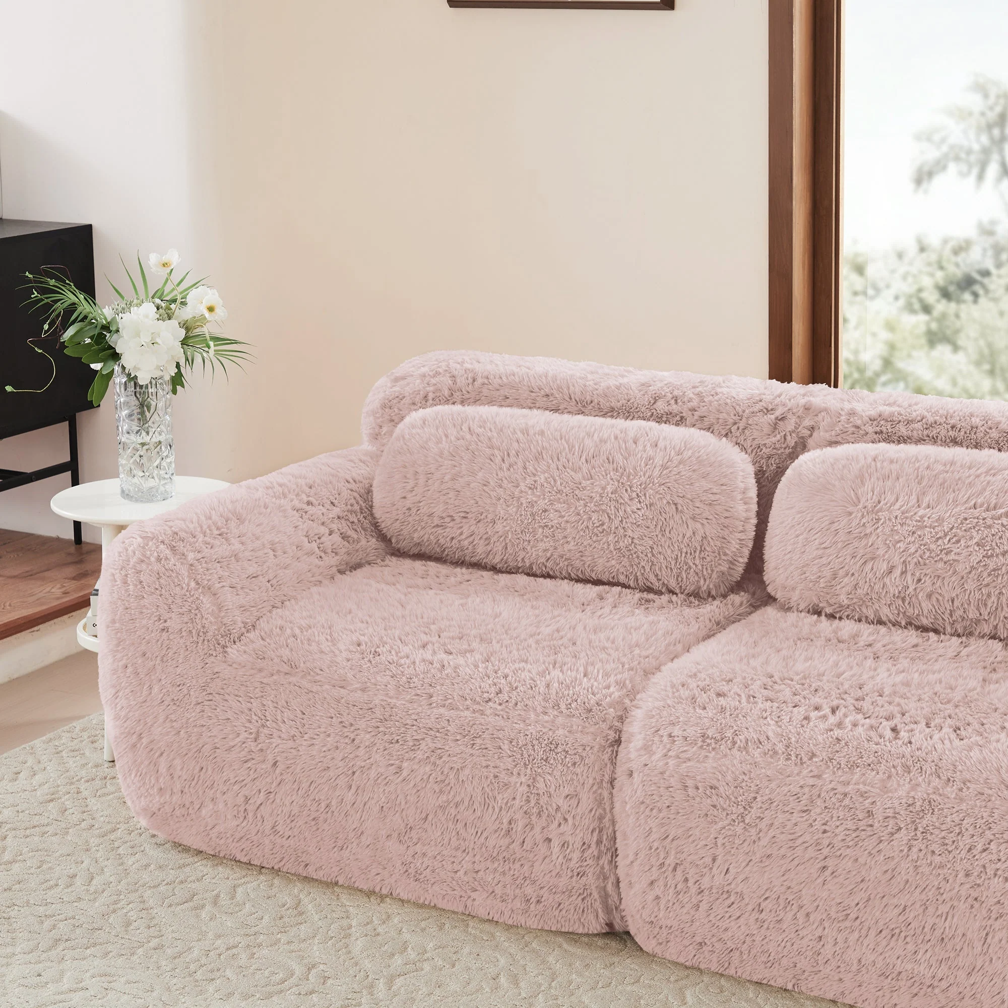 3-seater Deep Sofa Modular Plush Fabric with Cushions - Pink - Image 9